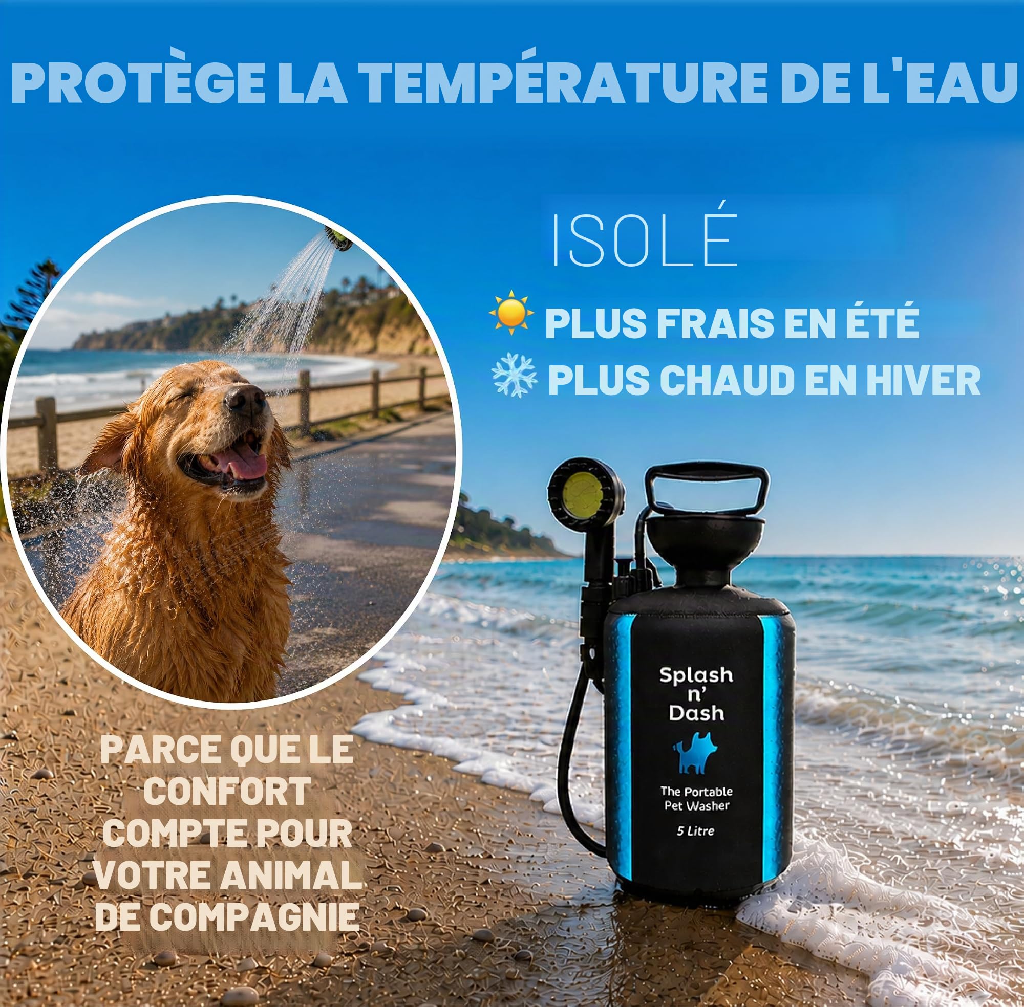 Splash n' Dash Douche portable pour chien 5 litres - Kit de douche manuel avec tête de brosse et veste en néoprène - Lave-chien portable pour la maison, les voyages ou l'extérieur