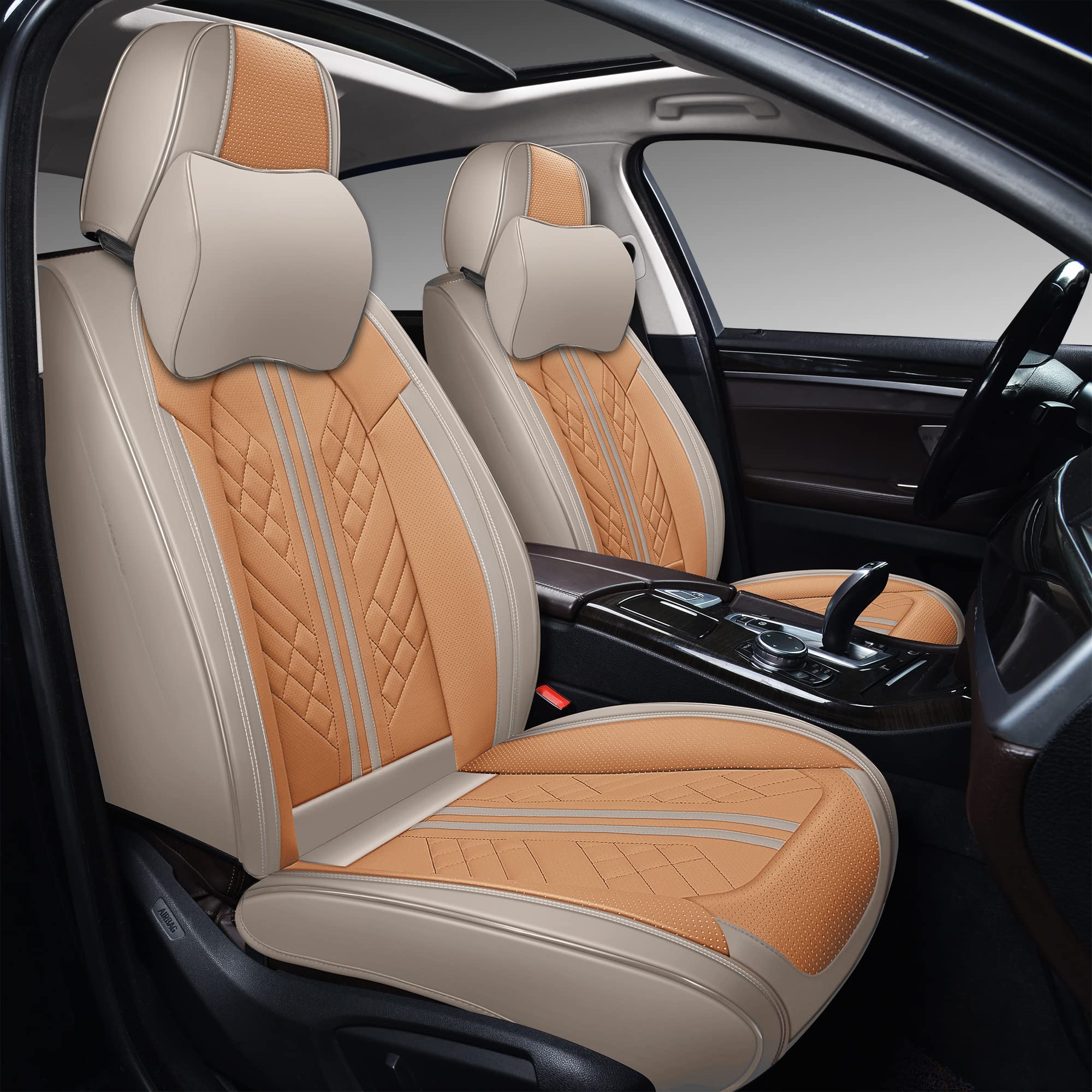 GXT Deluxe Faux Leather Full Coverage Car Seat Cover Anti-Slip Universal Fits for Sedans SUV Pick-up Truck with Headrests,Interior Accessories(Khaki and Orange)