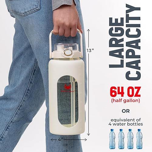 Miniatura 4 de Botella de agua de vidrio de 64 onzas  Botella de agua blanca con popote y marcador de tiempo  Botella de agua de medio galón con medidas y funda de