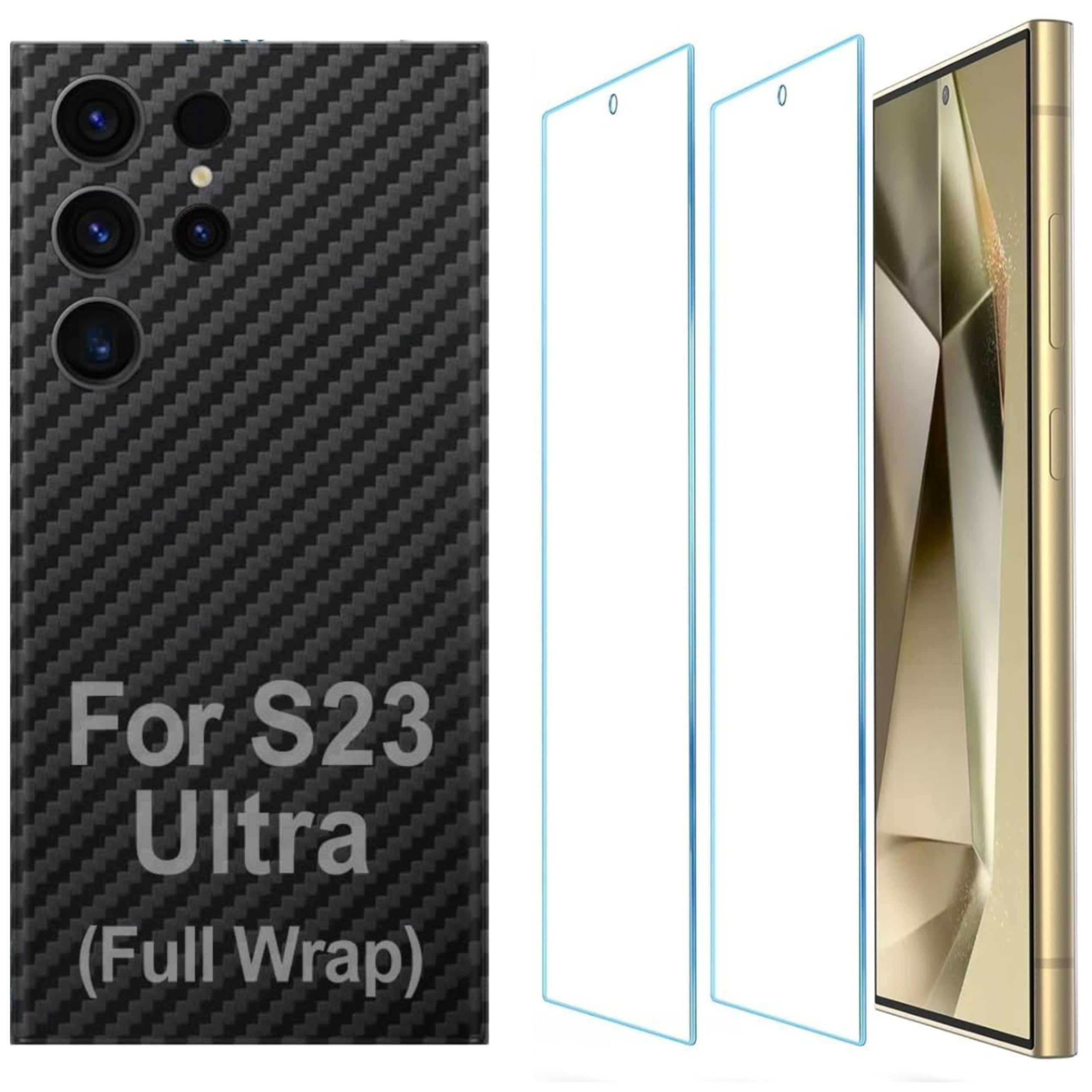SARAOONT 3-in-1 Protection Kit Compatible with Samsung Galaxy S23 Ultra - Includes Carbon Fiber Back Skin and 2 Screen Protectors S23-ULTRA