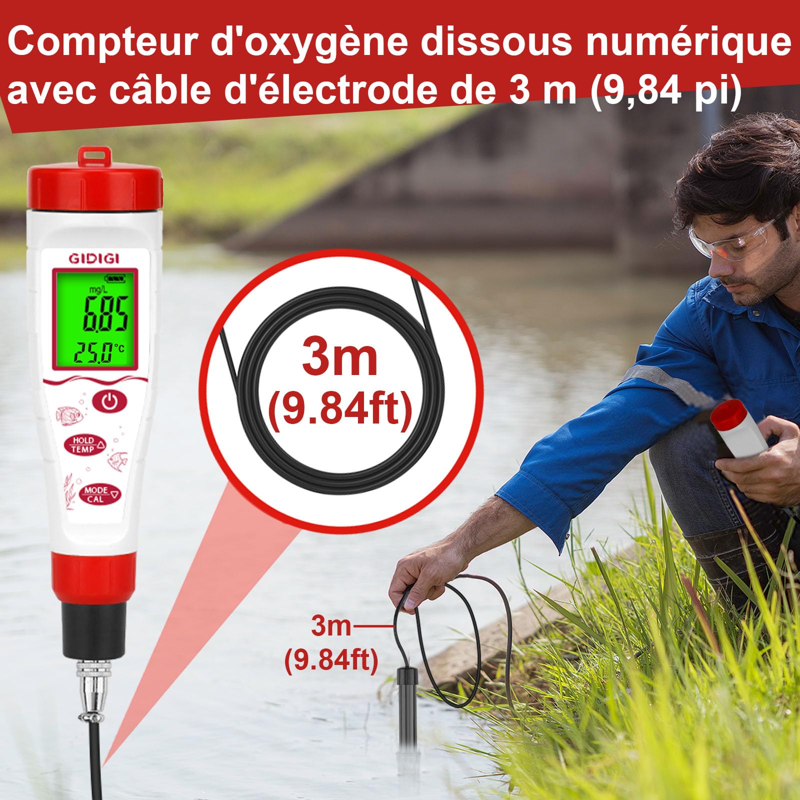 Testeur d'oxygène dissous intelligent GIDIGI pour l'eau, kit de test d'oxygène dissous avec compensation de sel et d'altitude, câble de sonde de 3 m, idéal pour les aquariums et les bassins.