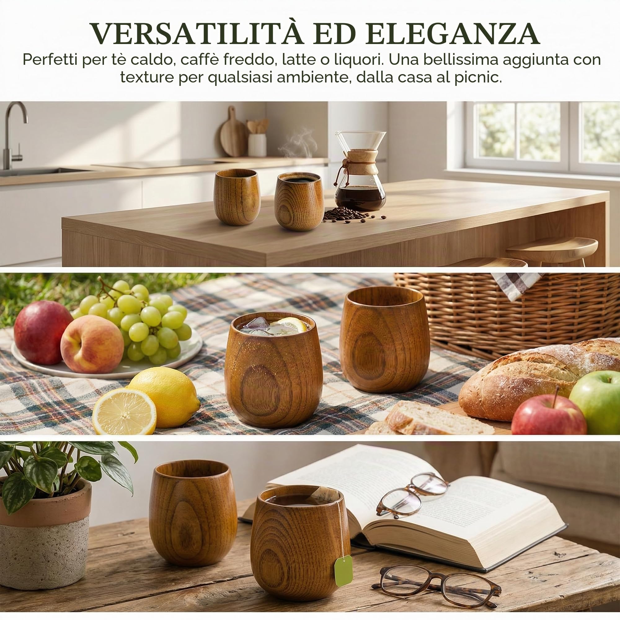 Hiceeden Confezione da 6 tazze da tè in legno, 113,4 g, in stile giapponese, realizzate a mano, in legno naturale, per bere, vino, latte, caffè