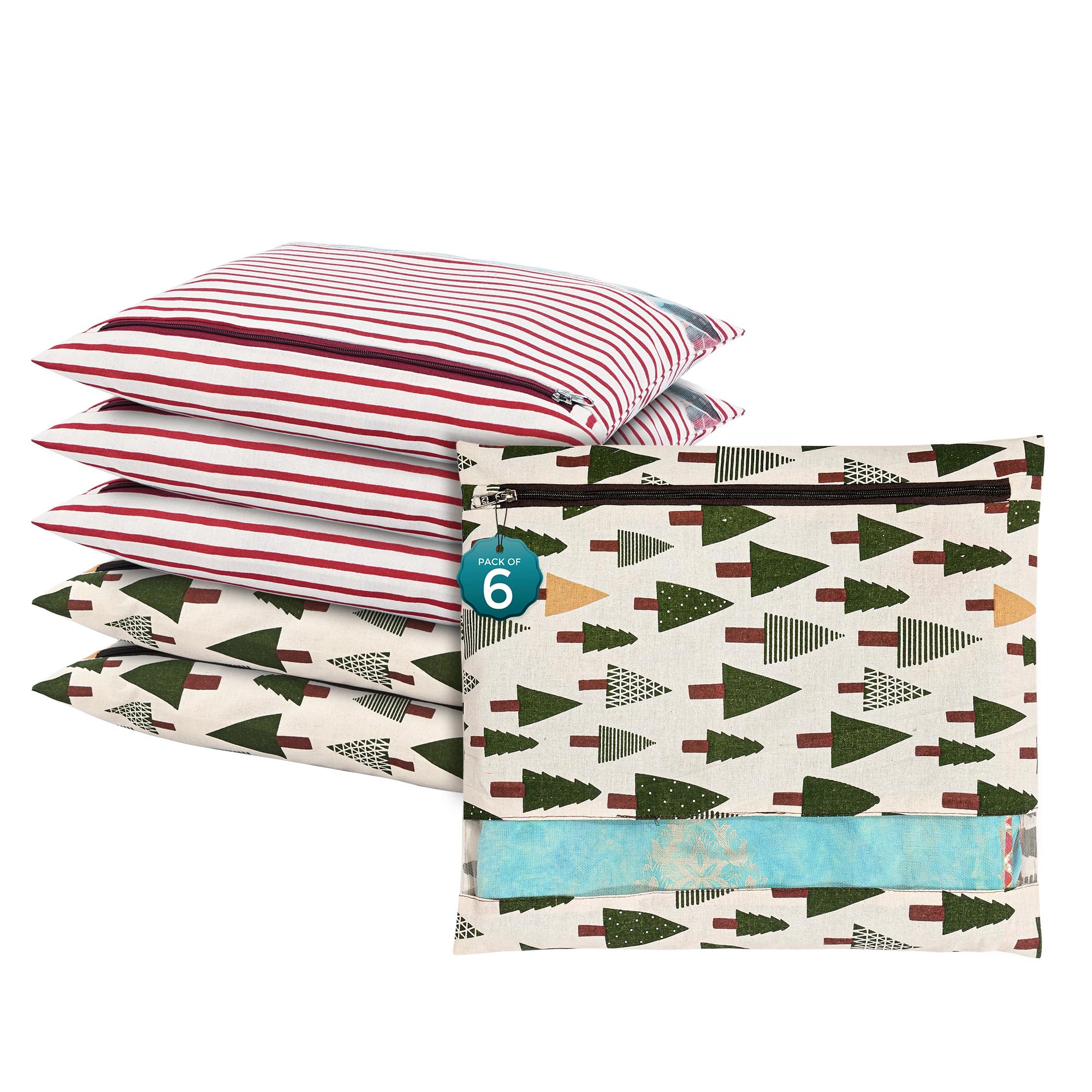Kuber Industries 6 Pcs Mesh Window Cotton Single Saree Covers for Storage/Gifting | Saree Organiser for Wardrobe/Storage | Saree Bags with Zip | Printed - Green & Maroon