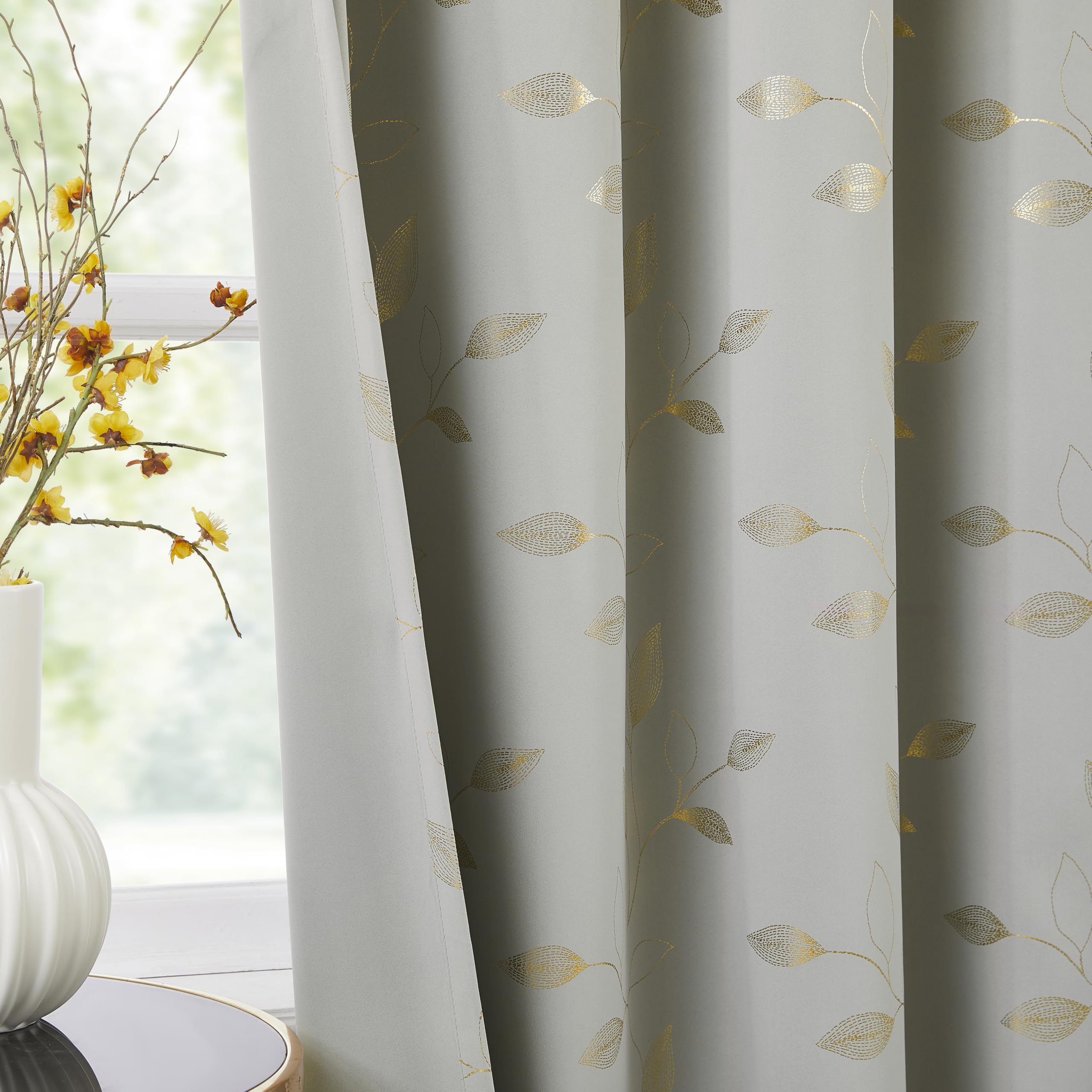 Bujasso Grey Leaf Full Blackout Curtains 54 inch 2 Panels Set Gold Print Patterned Drapes for Bedroom Living Room Thermal Insulated Room Darkening Window Treatment Grommet Top W52xL54