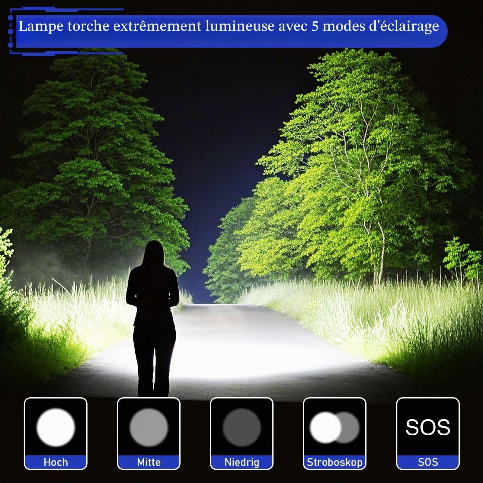 Jayxinli Lampe Torche LED Ultra Puissante 1000000 Lumens - Rechargeable avec Batterie 5000mAh Affichage LCD De La Puissance, 5 Modes, Zoomable, IP67 Étanche pour Camping, Ventures en Plein Air