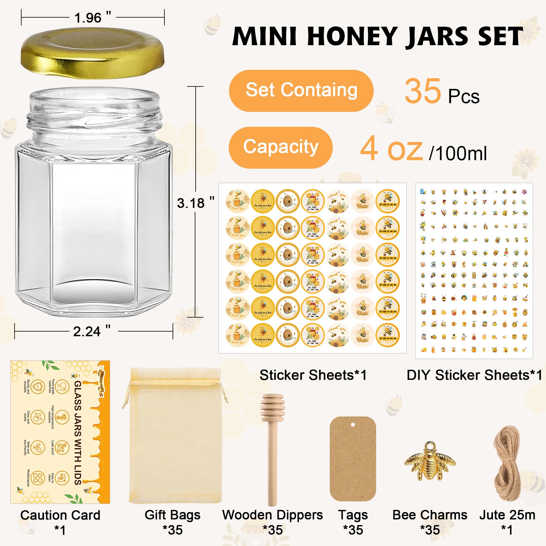 BGraceyy 35 Pack 4 oz Mini Hexagon Glass Honey Jars with Dippers, Gold Lids, Bee Stickers, Bee Charms, Gift Bags & Jute– Empty Small Honey Jars for Party Favors Bulk, Ideal for Baby Showers ? Weddings