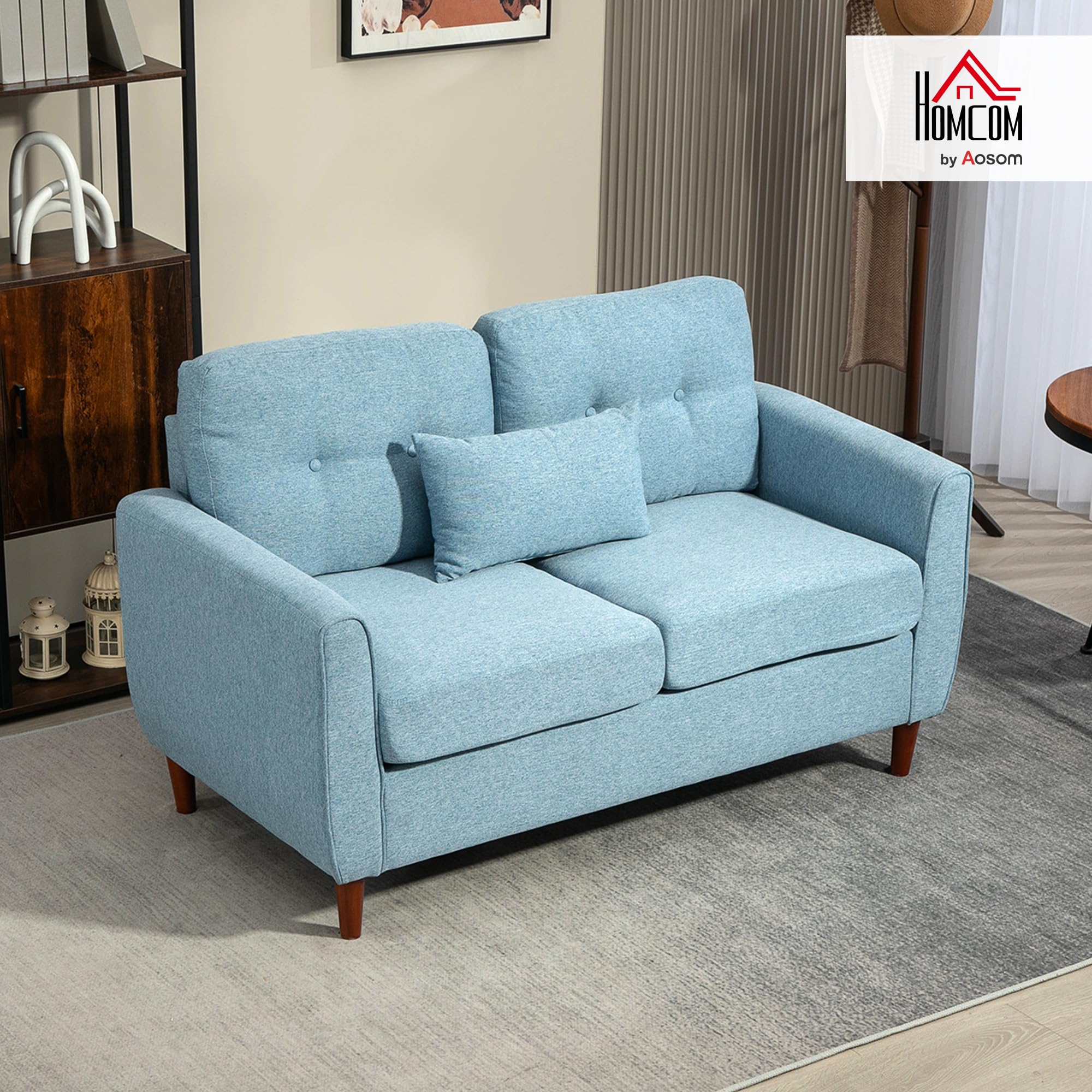 HOMCOM Sofá de 2 Plazas Tapizado en Lino de Salón 140x78x83 cm Azul Claro | Moderno con Reposabrazos, Patas de Madera, Cojín Decorativo con Funda Lavable, Dormitorio, Oficina