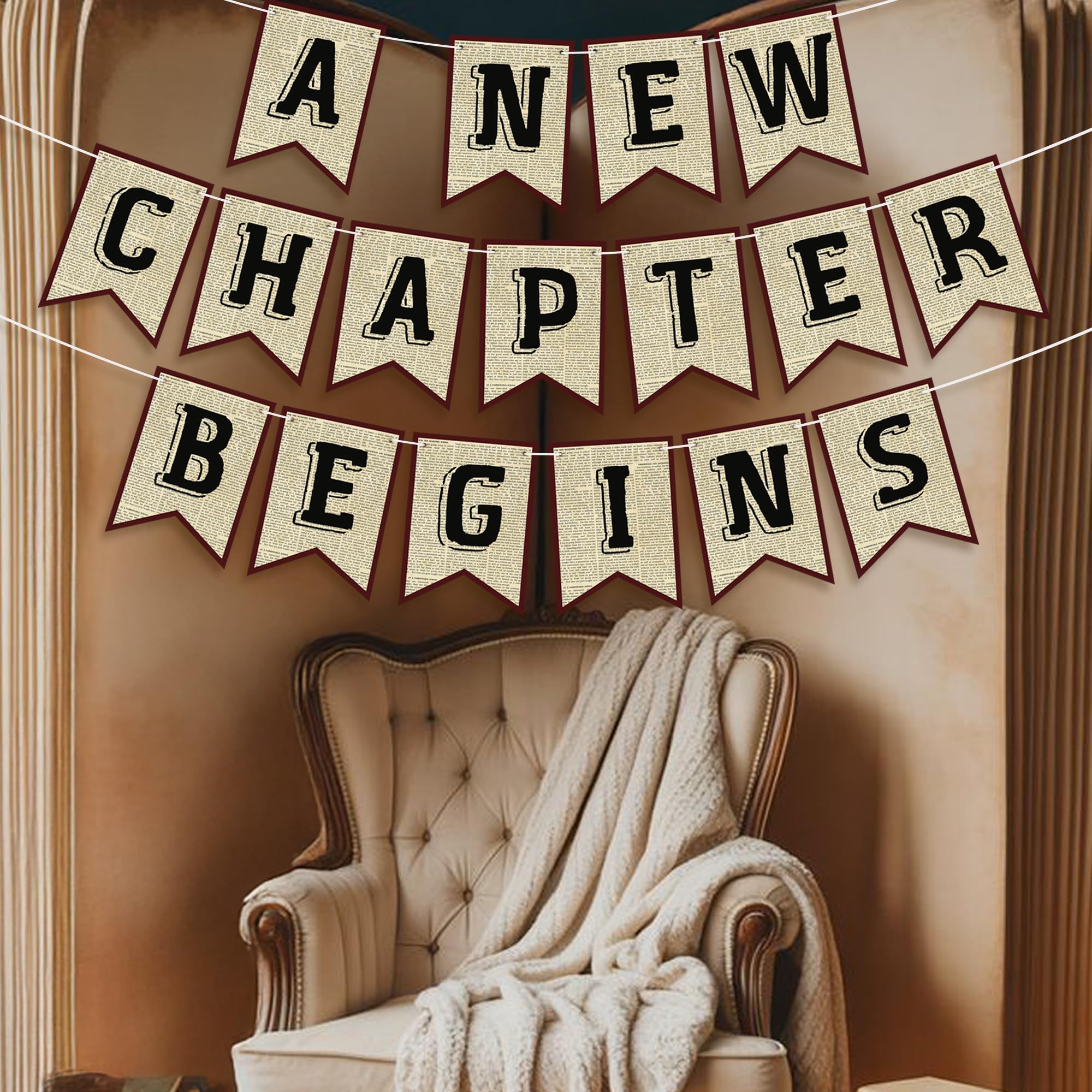 Partybanner "A New Chapter Begins", Vintage-Buch, Kapitel 1, Party-Girlanden für Geburtstag, Babyparty, Buchclub, 3 Stück