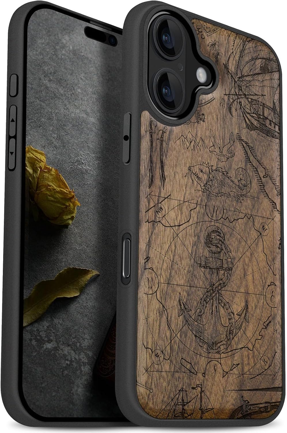 Carveit Magnetic Wooden Case for iPhone 17 Case, Wood Artisan Engraved & Black Soft TPU Shockproof Cover, Compatible with MagSafe Wireless Chargers (Vintage Pirate Anchor) Walnut