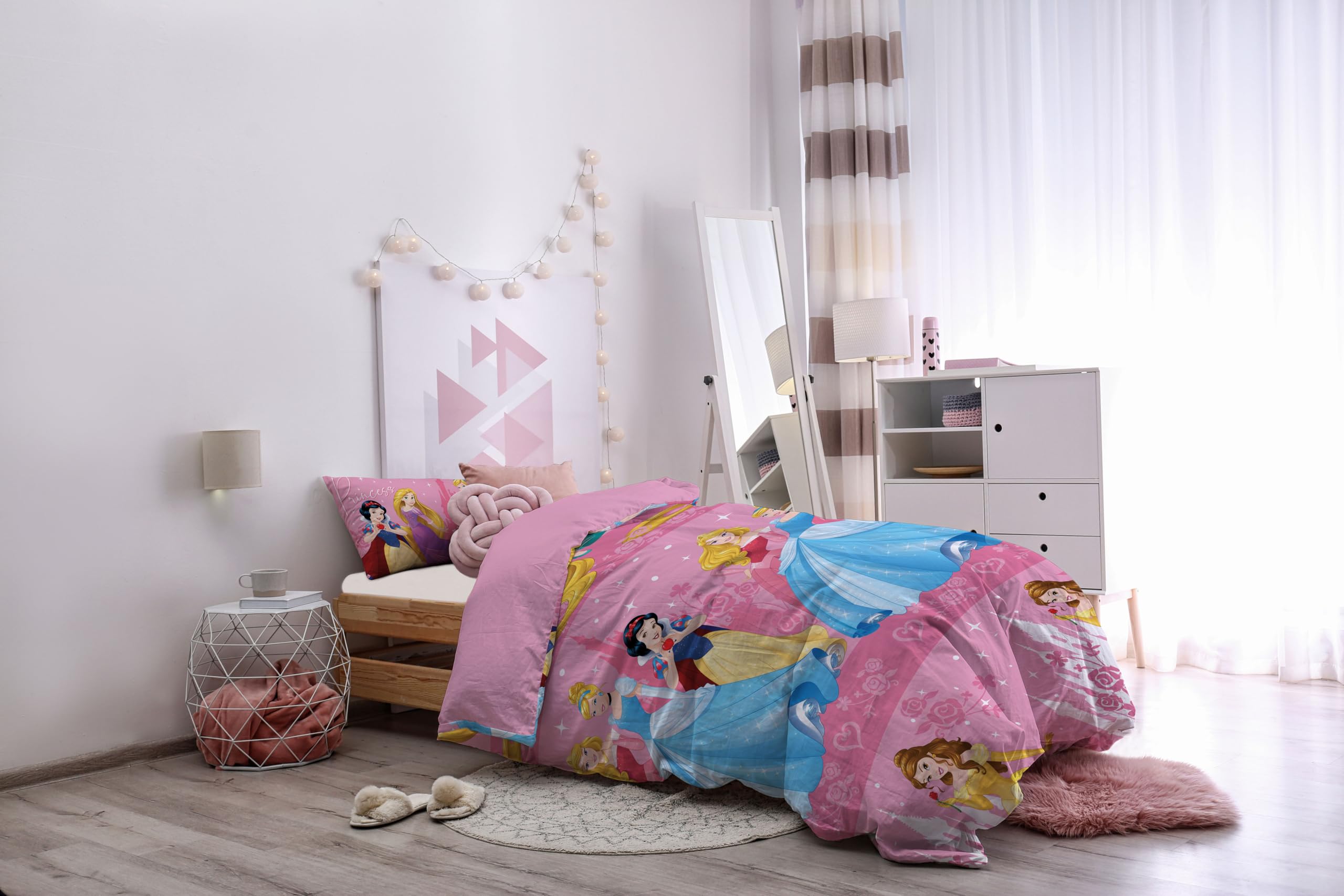 Disney, Set Copripiumino Letto Singolo, Sacco Copripiumone + Federa, Parure Copripiumino con Federa, Sacco 155x200 cm, 100% Cotone, Principesse, (Non Contiente Lenzuolo Con Angoli)
