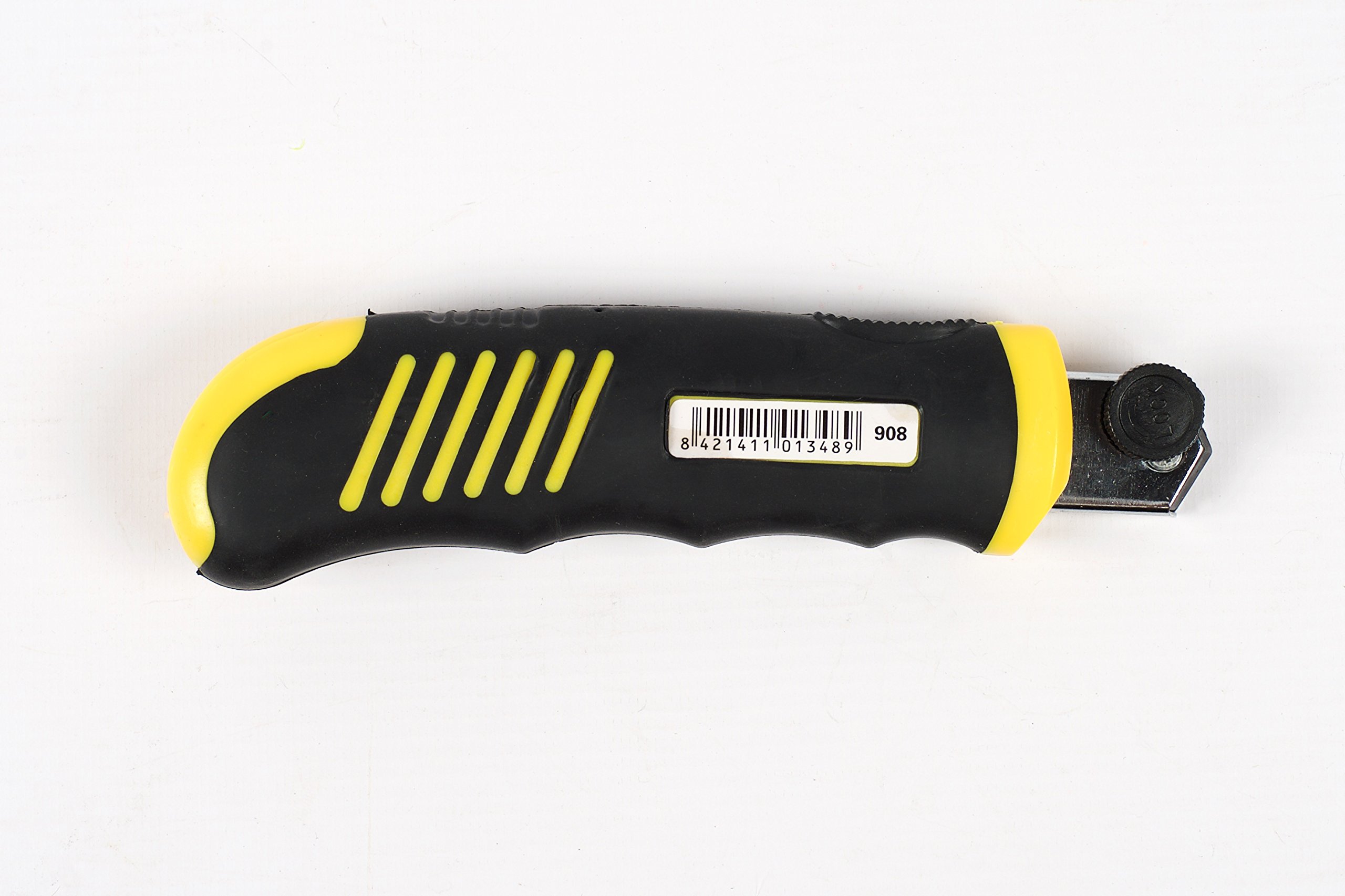 Medid MD908 nóż do cięcia, żółty, ostrze 18 mm, automatyczne wypełnienie ostrza, metalowa szyna i 2-komponentowe etui, w zestawie 8 ostrzy zapasowych