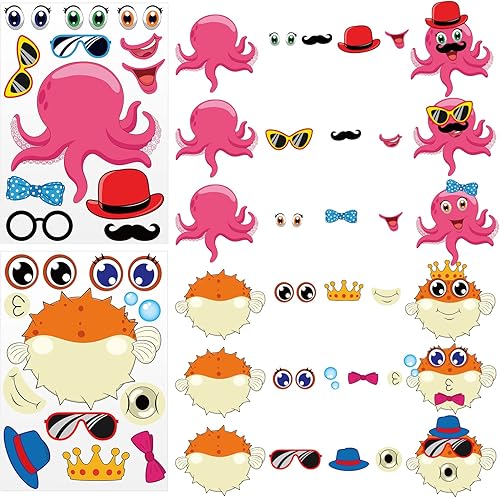 Miniatura 3 de Sinmoe 48 hojas de calcomanías oceánicas para niños pequeños, hacer una cara, animales marinos, juegos bajo el mar, fiestas de cumpleaños,