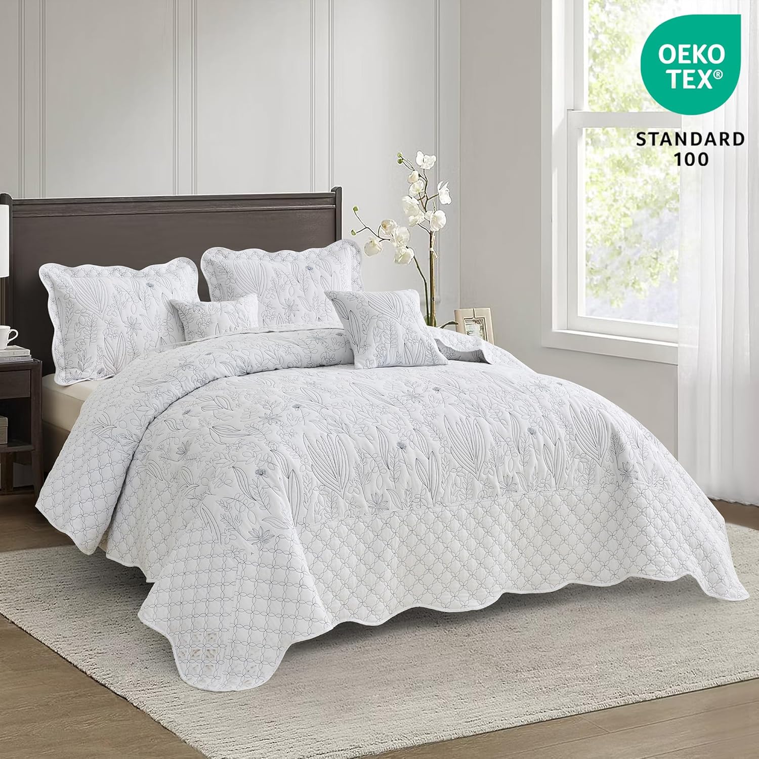 CHIXIN Botanical Oversized Bedspread King Size - Leaves Pattern Stitching Quilt Set - Elegant & Fresh Style Bedding Coverlets, Reversible, Lightweight, 5 Piece, White - Image 2