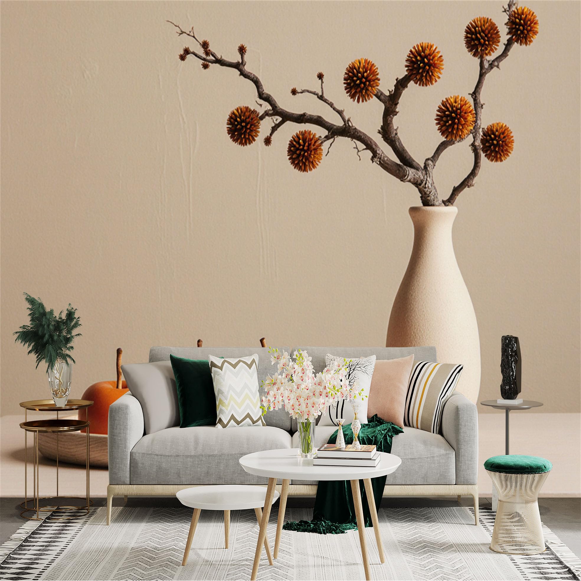 Custom Size Wall Sticker Mural， Still Life with Three Apples on Wooden Tray， Decorative Vase with Dried Twigs， Modern Minimalist Tabletop Art， for wall Decoration， peelandstick wall Decals.