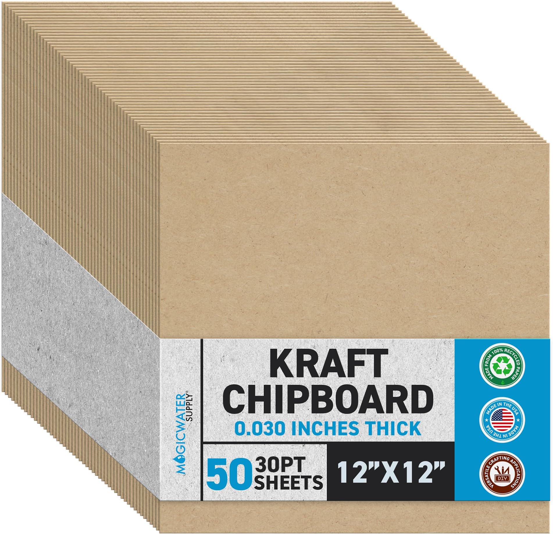 MagicWater Chipboard Sheet for DIY Projects - 12x12 Inch - 50 Pack - 30 pt - Heavy Duty Kraft (0.030 Inch Thick) Paperboard, for Scrapbooking, Books, Picture Frame Backing, Arts Project & Crafts