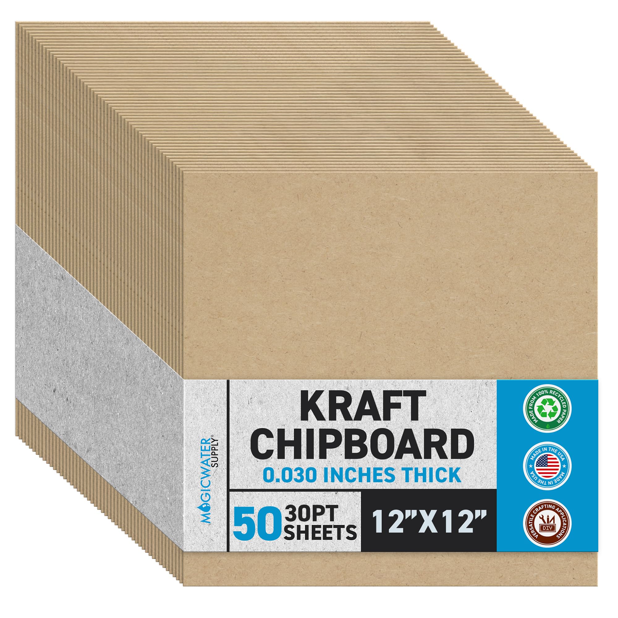 MagicWater Chipboard Sheet for DIY Projects - 12x12 Inch - 50 Pack - 30 pt - Heavy Duty Kraft (0.030 Inch Thick) Paperboard, For Scrapbooking, Books, Picture Frame Backing, Arts Project & Crafts