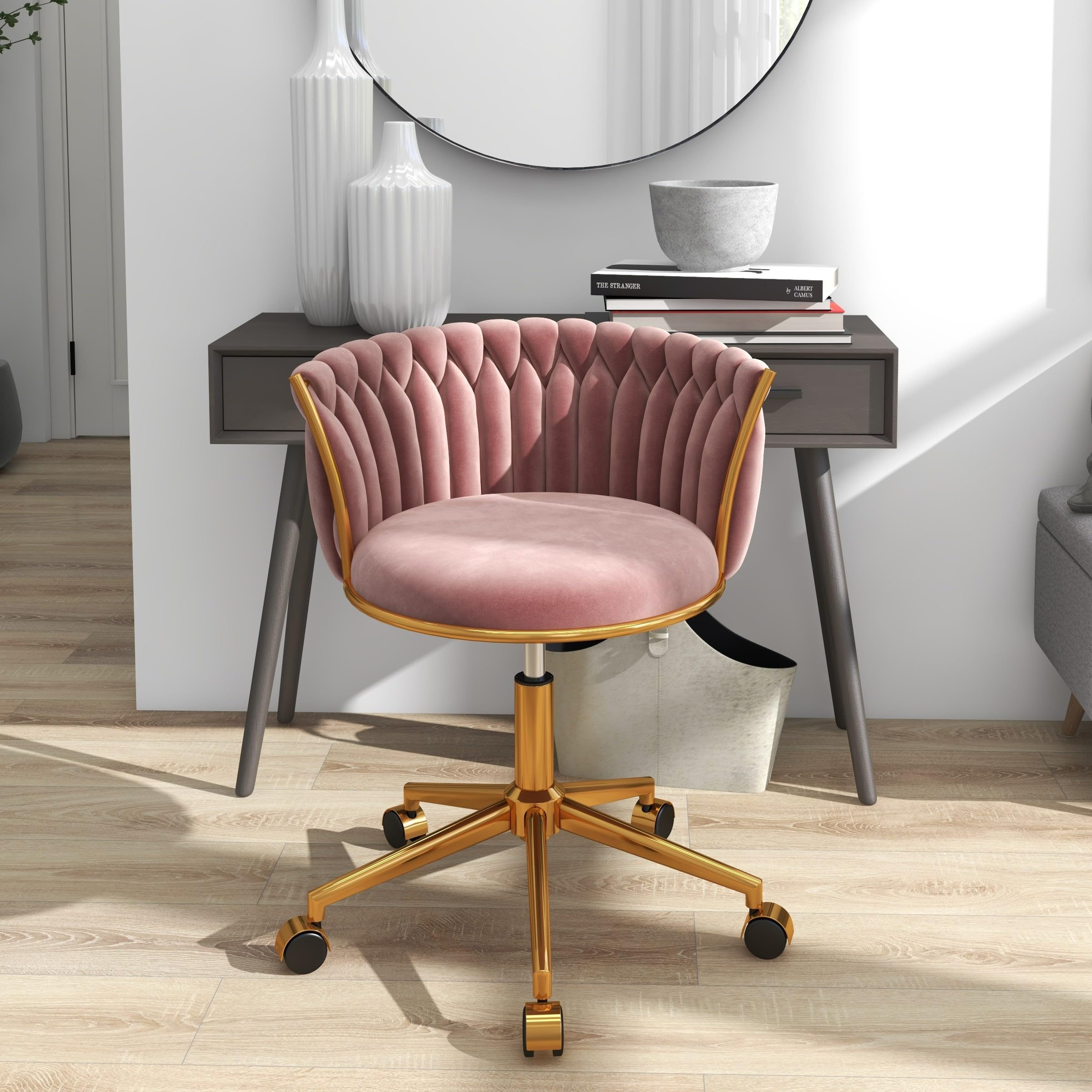Velvet Desk Chair, Modern Office Chair with Wheels, Home Swivel Vanity Armchair with Woven Back Comfy Height Adjustable Seat Sturdy Golden Metal Rolling Base for Makeup Bedroom, Pink