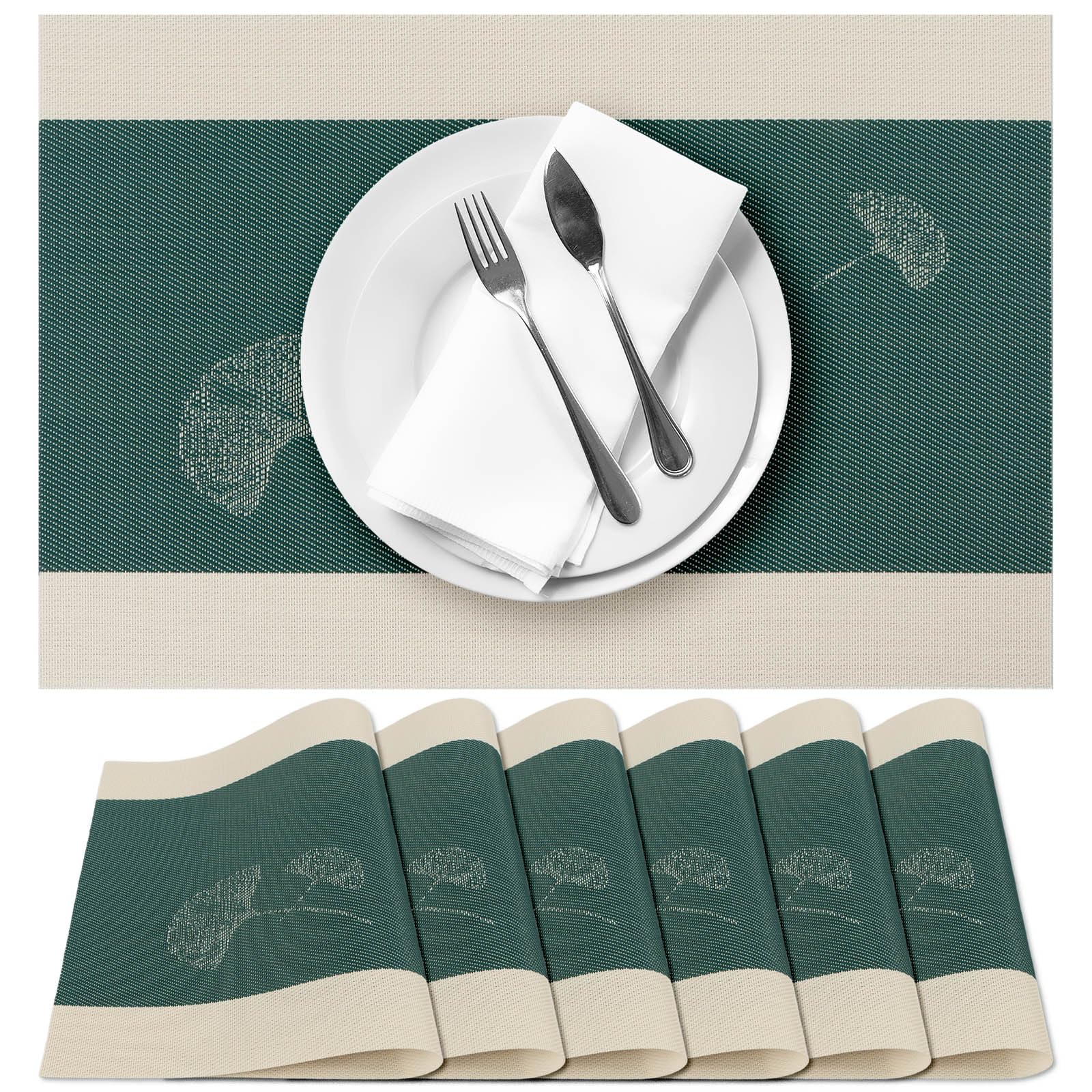Terafeels 6 Pack Place Mats for Table, Ginkgo Leaves Pattern – Durable and Easy to Clean Placemats for Dining, Kitchen, or Home Decor – Non-Slip, Heat-resistant, Stylish Table Mats (Green)