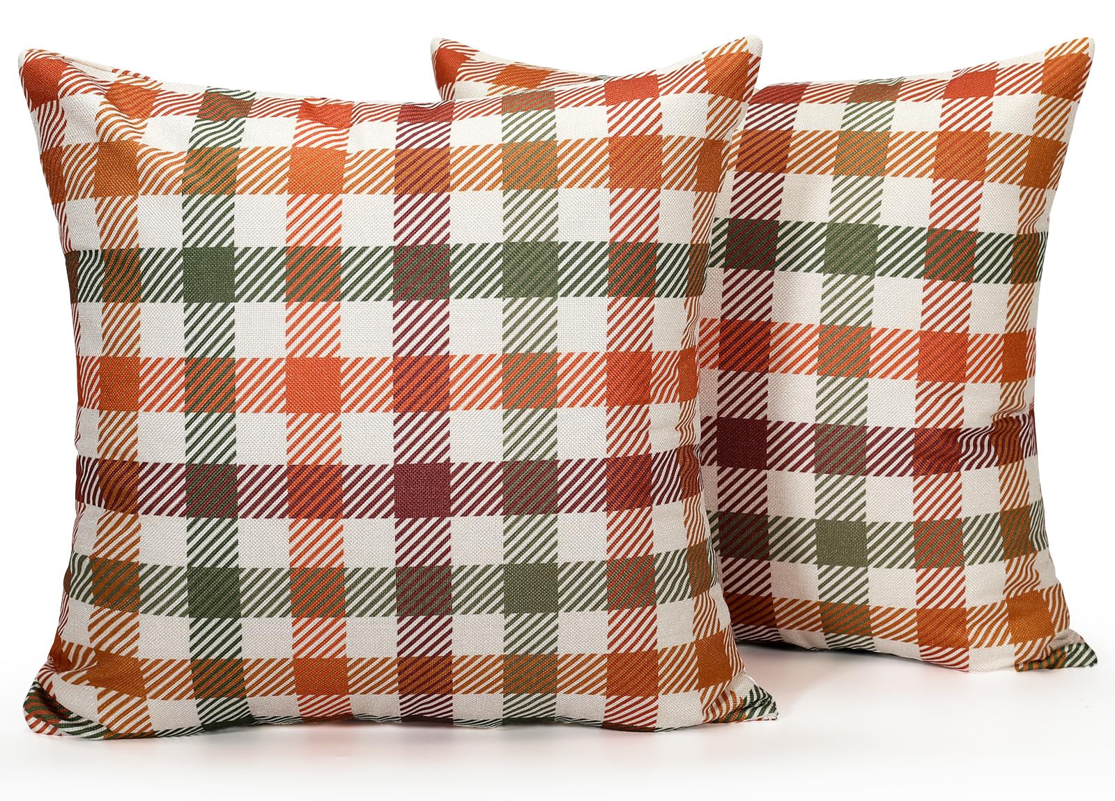 2-Pack Cushion Covers 40×40 cm Autumn Tartan Plaid Check Warm Harvest Orange Sage Green Hidden Zip Closure Soft Natural Ideal for Sofa Bedroom Living Room Farmhouse Decor (Inserts Not Included)