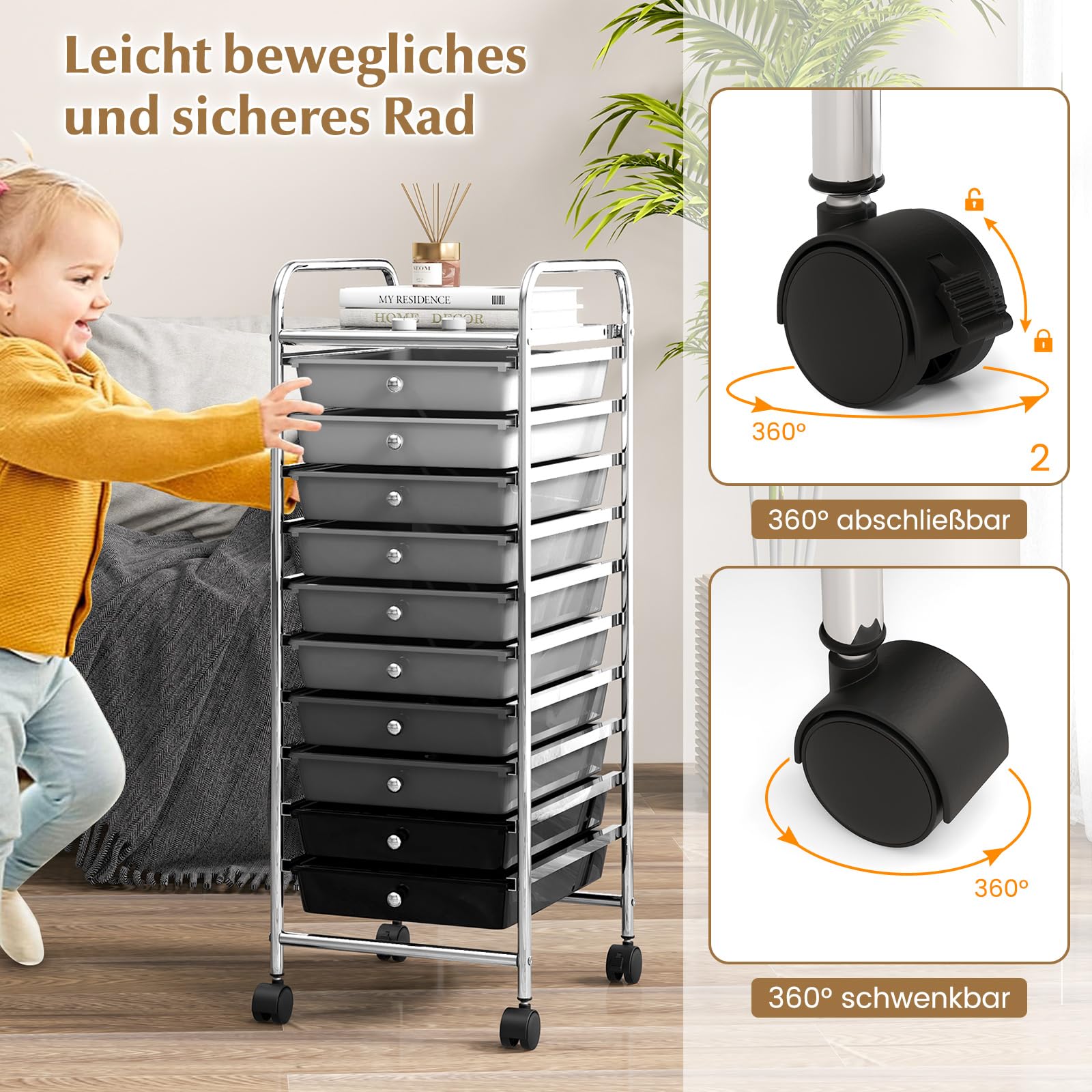 COSTWAY Trolley met 4 stapelbare laden, ladewagen, rollcontainer met metalen frame en opbergruimte, badkamertrolley, opbergwagen voor kantoor, woonkamer, transparant