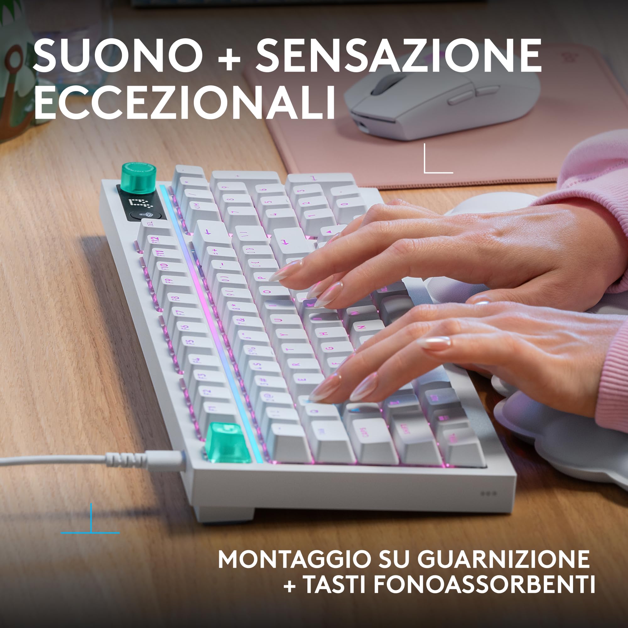 Logitech G G316 X 98, tastiera gaming, 8 kHz, switch Tactile hot-swap, struttura a guarnizione, display LED matrice & manopola, tasti PBT bicomponente, USB-C, RGB LIGHTSYNC, PC, ITA QWERTY - Bianco