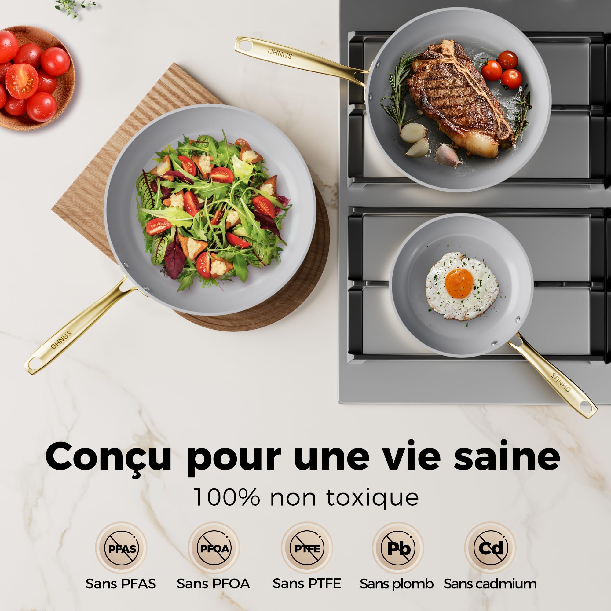 Sanho Set de 3 poêles céramique (20/26/30cm) | Antiadhésif Diamant-Titanium pour induction | Sans PFAS, PFOA, PTFE | Pour toutes cuisinières | Résiste au four jusqu’à 260°C & Lave-vaisselle | Beige