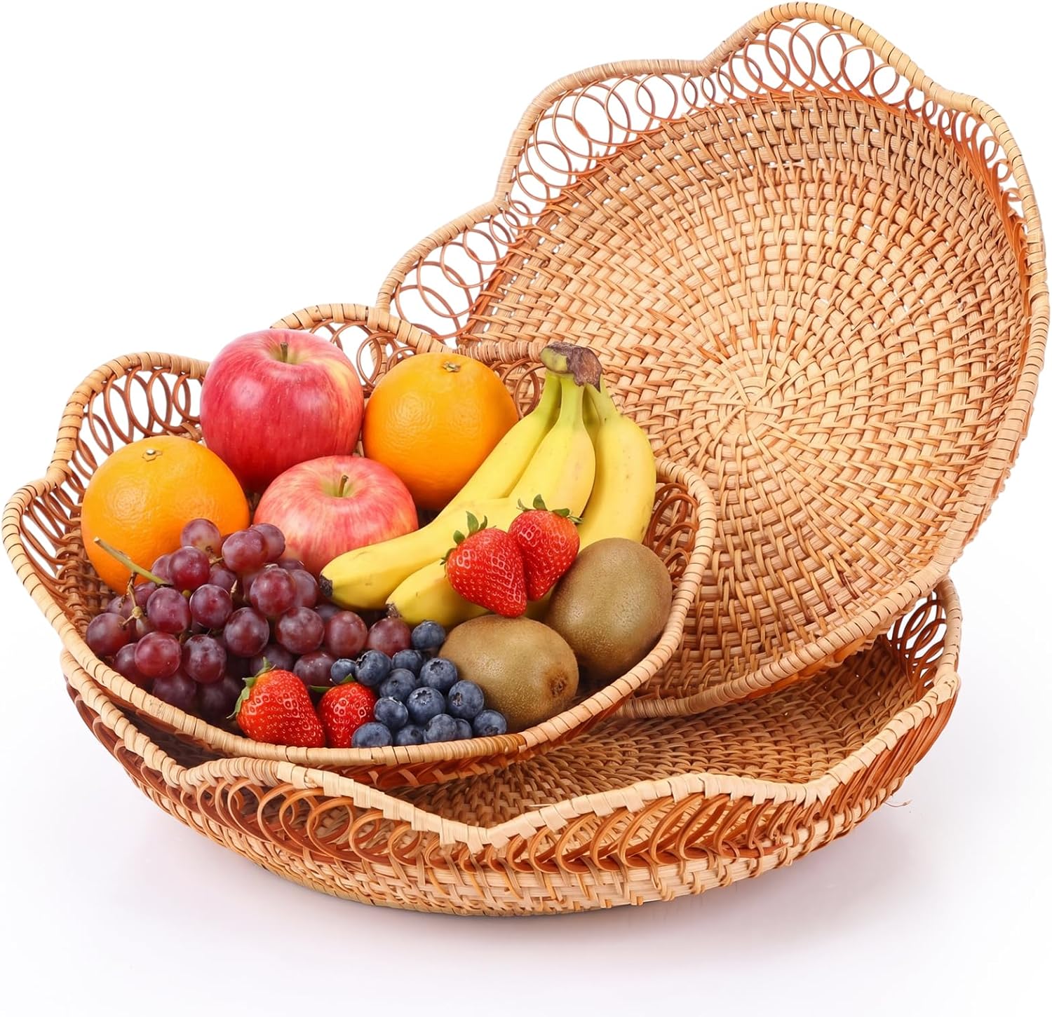 3 Pcs Rattan Fruit Basket for Serving Wicker Bread Tray Woven Round Fruit Serving Bowl Natural Handmade Decorative Baskets for Cake Kitchen Counter Table