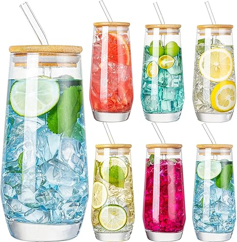 Juego de 6 vasos altos de cristal, 18 onzas, tapas y pajitas de bambú, estilo vintage, resistentes a los arañazos, reutilizables, perfectos para el