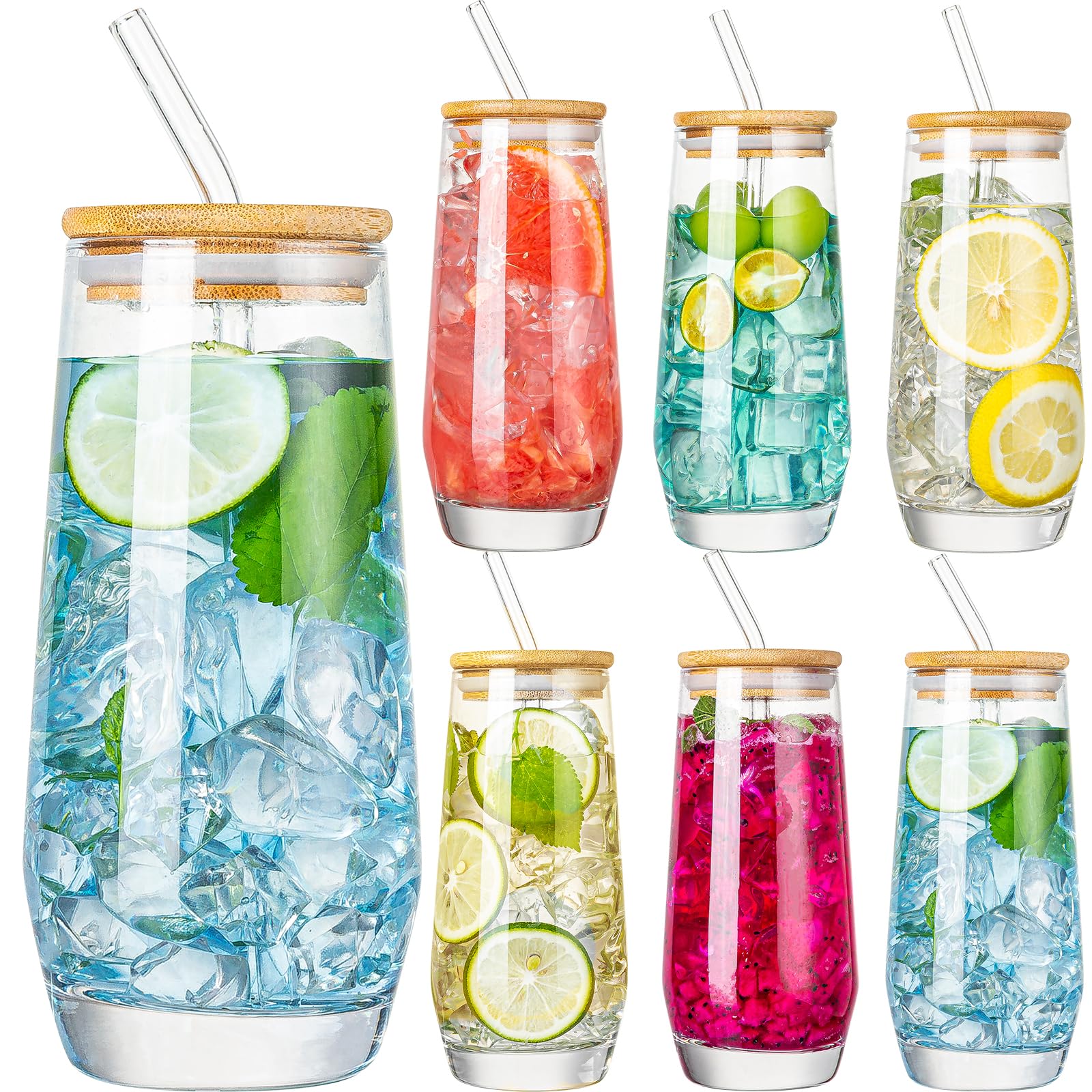 Crystal Highball Glasses Set of 6 18 oz Bamboo Lids Straws Vintage Style Scratch Resistant Reusable Perfect for