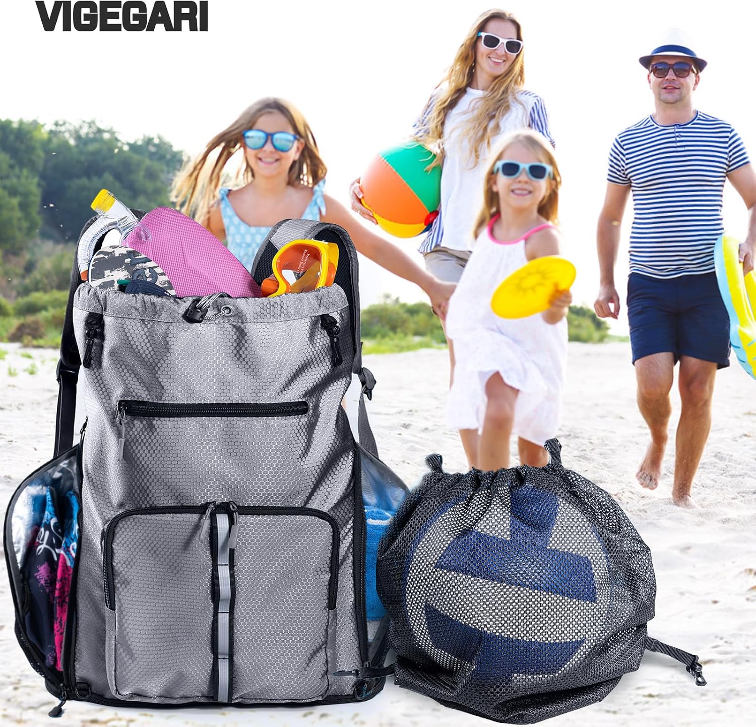 Large Beach Backpack Waterproof Sandproof - Customized Oversized Drawstring Pool Bag with Shoe Compartment for Toiletries, Towels, Gym, Travel