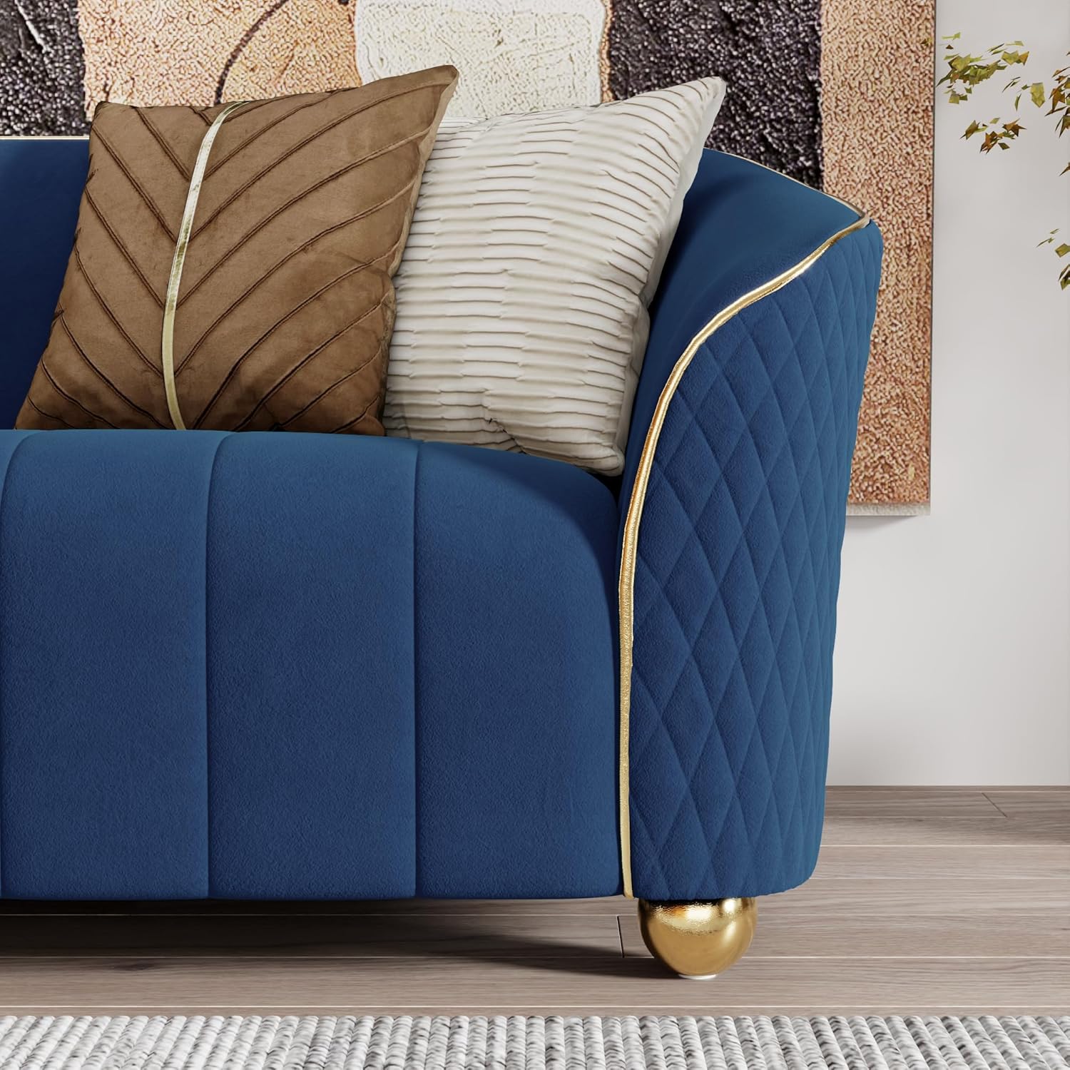 2-Piece Velvet Couch Sofa Set,85" Comfy Living Room Furniture Set 3 Seater Upholstered Sofa with Gold Legs & 8 Pillows for Home,Office Apartment