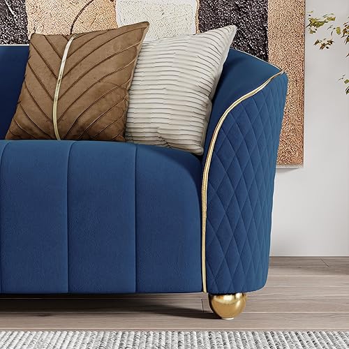 Miniatura 7 de Cómodo juego de sofá de terciopelo de 2 piezas, muebles de sala de estar, sofá tapizado de 3 plazas con patas doradas y 5 almohadas para el hogar,