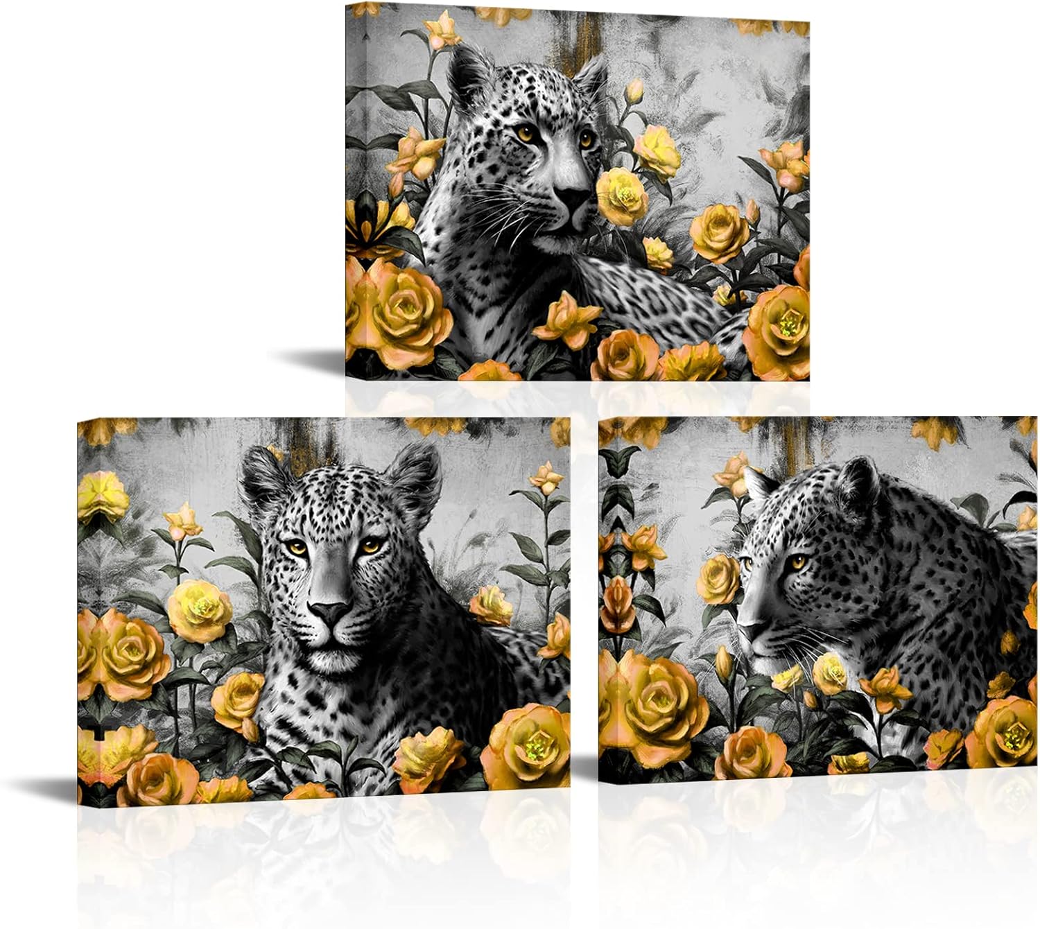 Nachic Wall 3 Pieces Vintage Animal Canvas Wall Art Black and White Grey Leopard with Flowers Painting Picture Framed Artwork for Farmhouse Cabin Living Room Bedroom Decor (Yellow, Small)