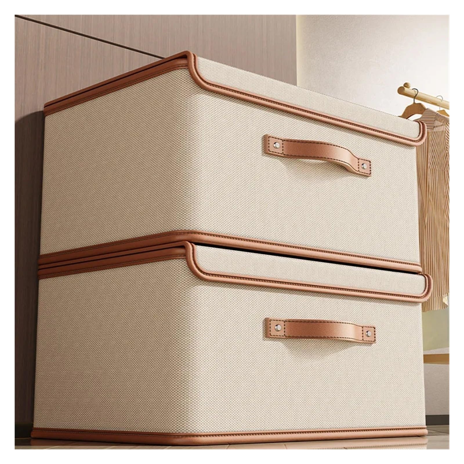 scatola di stoccaggio pieghevole Grande contenitore portaoggetti con coperchio integrato in tessuto Oxford, cestino for la camera da letto in tessuto(Rice white 37x27x26)