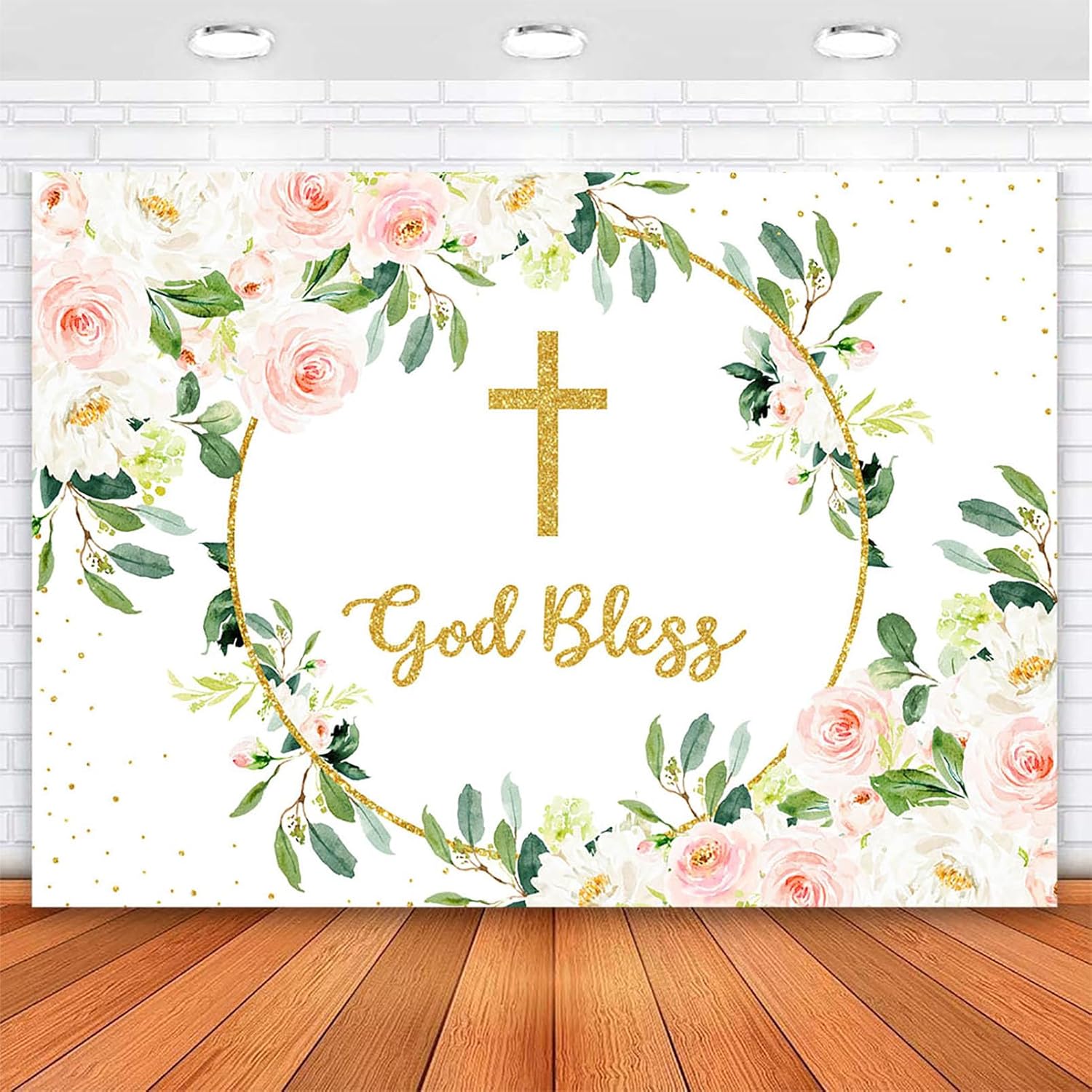 Avezano Floral God Bless Backdrop First Holy Communion Baptism Pink Flowers Background God Dots Christening Baby Shower Backdrops Photo Studio Props (10x8ft)