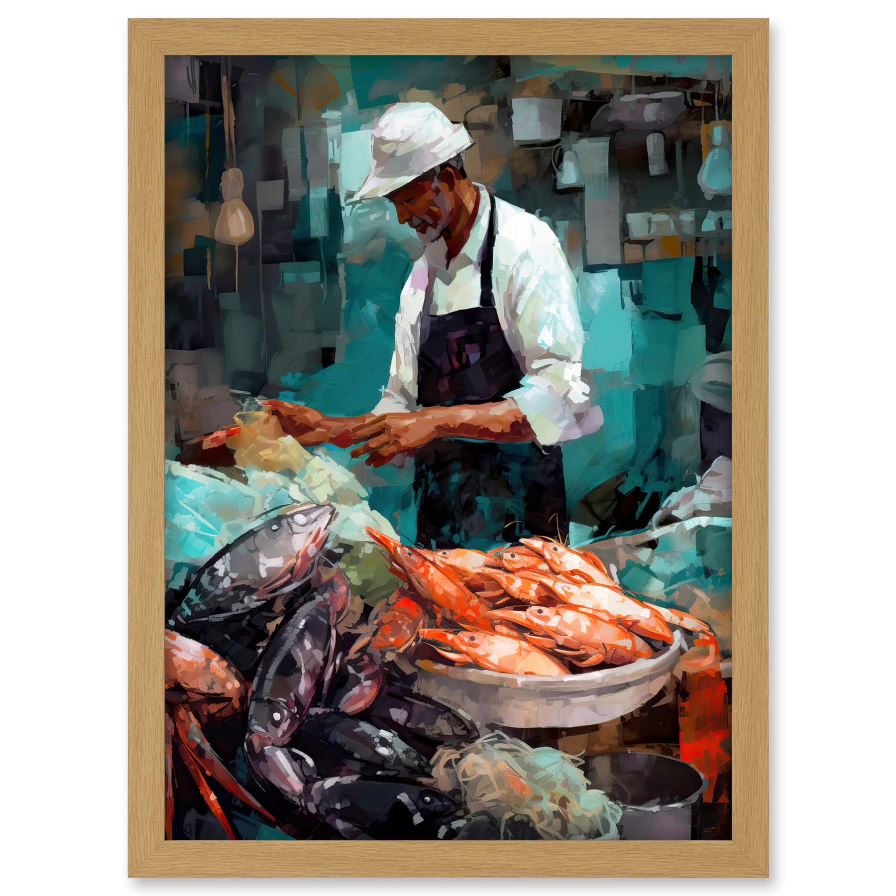 Artery8 Market Fishmonger Selling Fresh Catch Seafood Artwork Framed A3 Wall Art Print