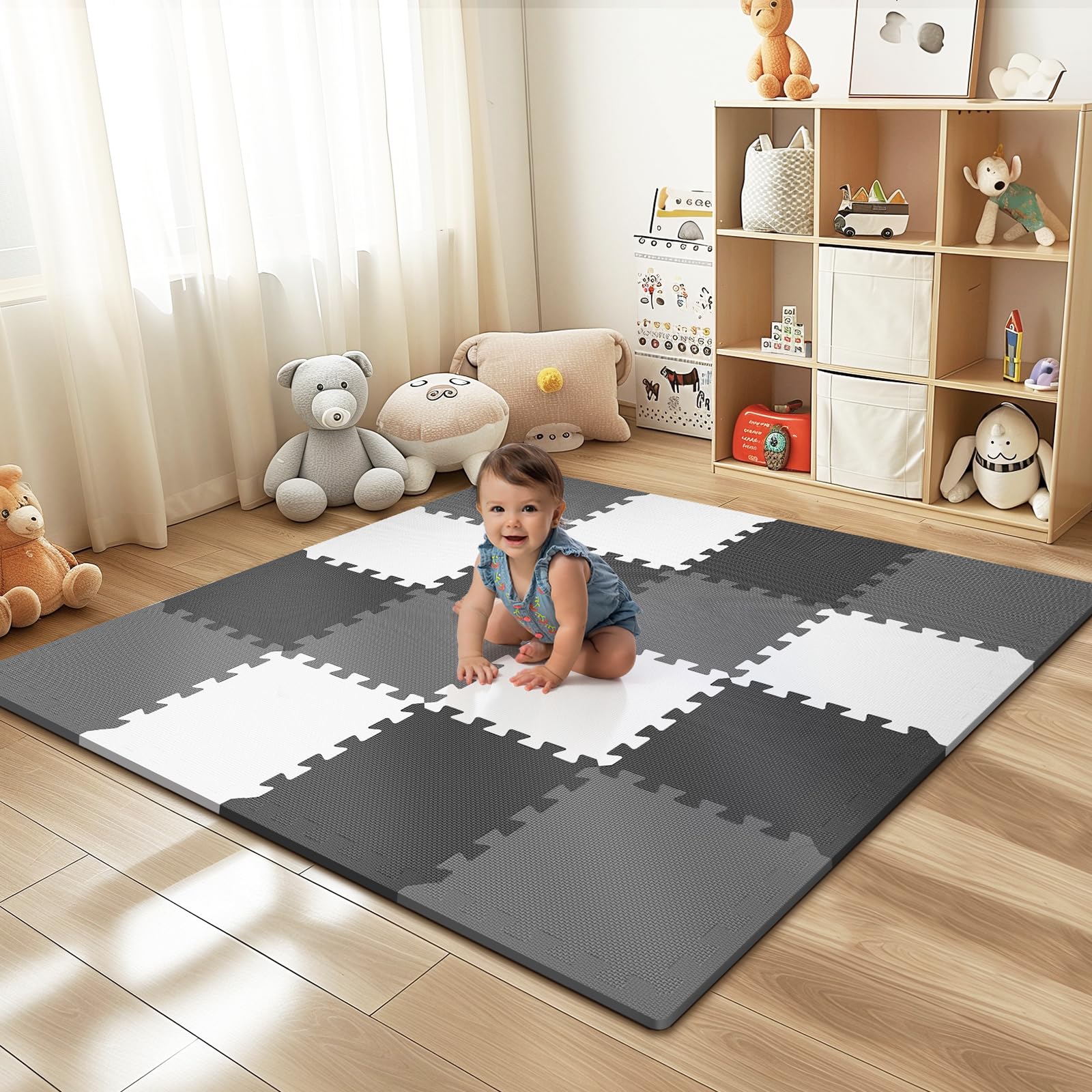 16 Pcs Baby Play Mat for Floor, EVA Foam Baby Play Mat with 0.6 Inch Thick Interlocking Carpet Tiles, Foam Floor Tiles for Babies 6-12 Months, Toddlers and Kids, Grey-White-Black