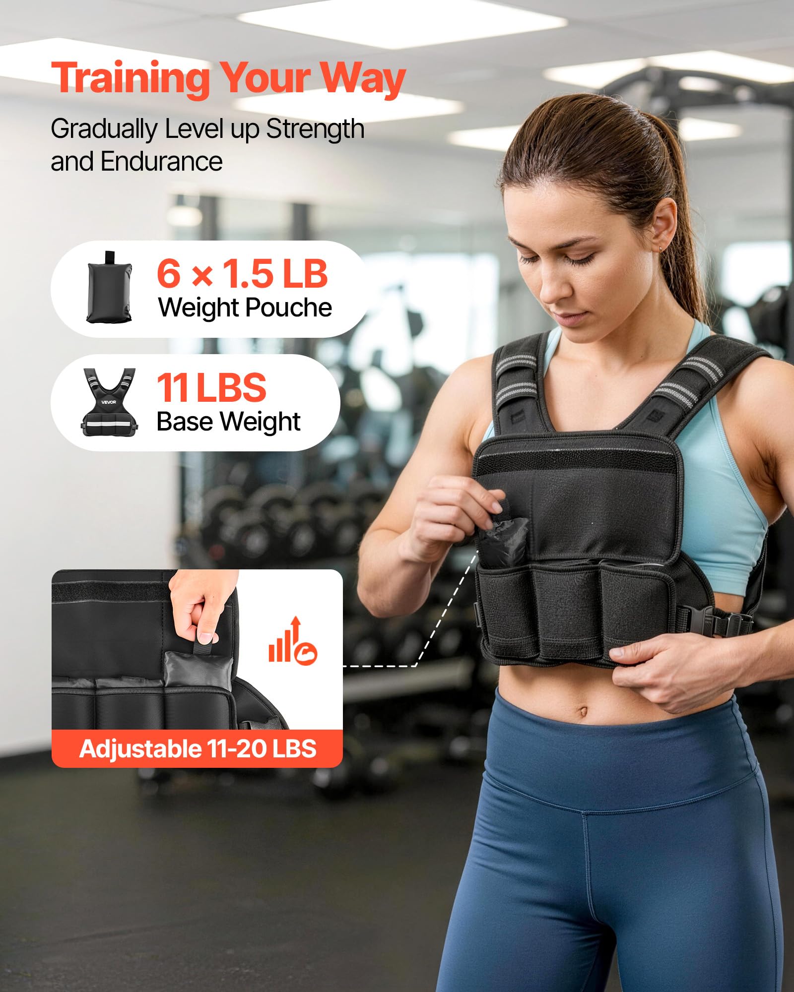 VEVOR Gilet lesté réglable 5 à 9,1 kg, veste de poids avec 6 packs de poids en granulés de fer et bande réfléchissante pour hommes et femmes, équipement d'entraînement pour musculation, course à pied