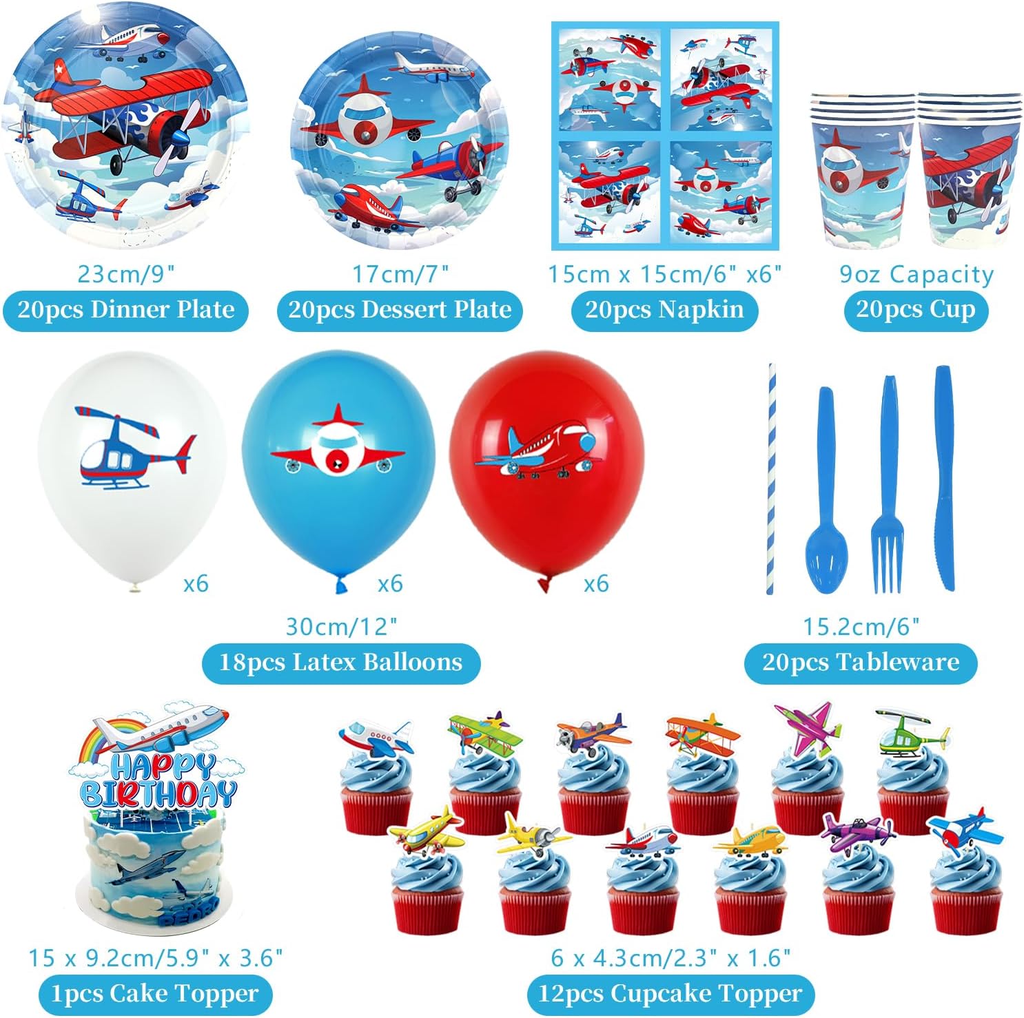 Airplane Birthday Party Decorations - Airplane Party Supplies, Plates Cups Napkins Tablecloth Happy Birthday Banner Balloon Cake Toppers for Plane Theme Party Baby Shower Supplies