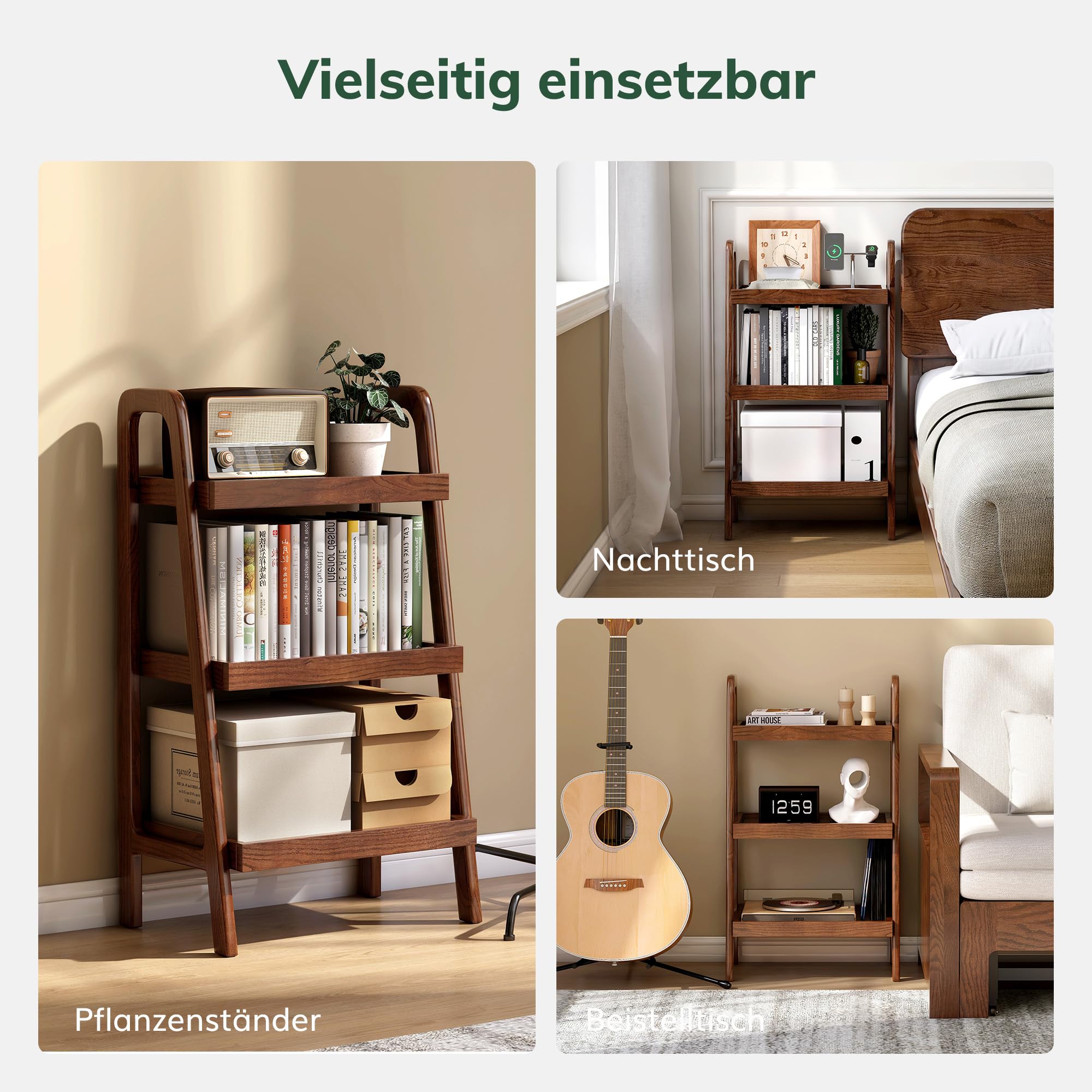 YESWOOD Leiterregal Massivholz Eiche, Bücherregal 3 Ebenen, Standregal Holz, Beistelltisch Sofa, Regal für Wohnzimmer Schlafzimmer Büro, 45 x 32 x 80 cm, Walnussfarbe