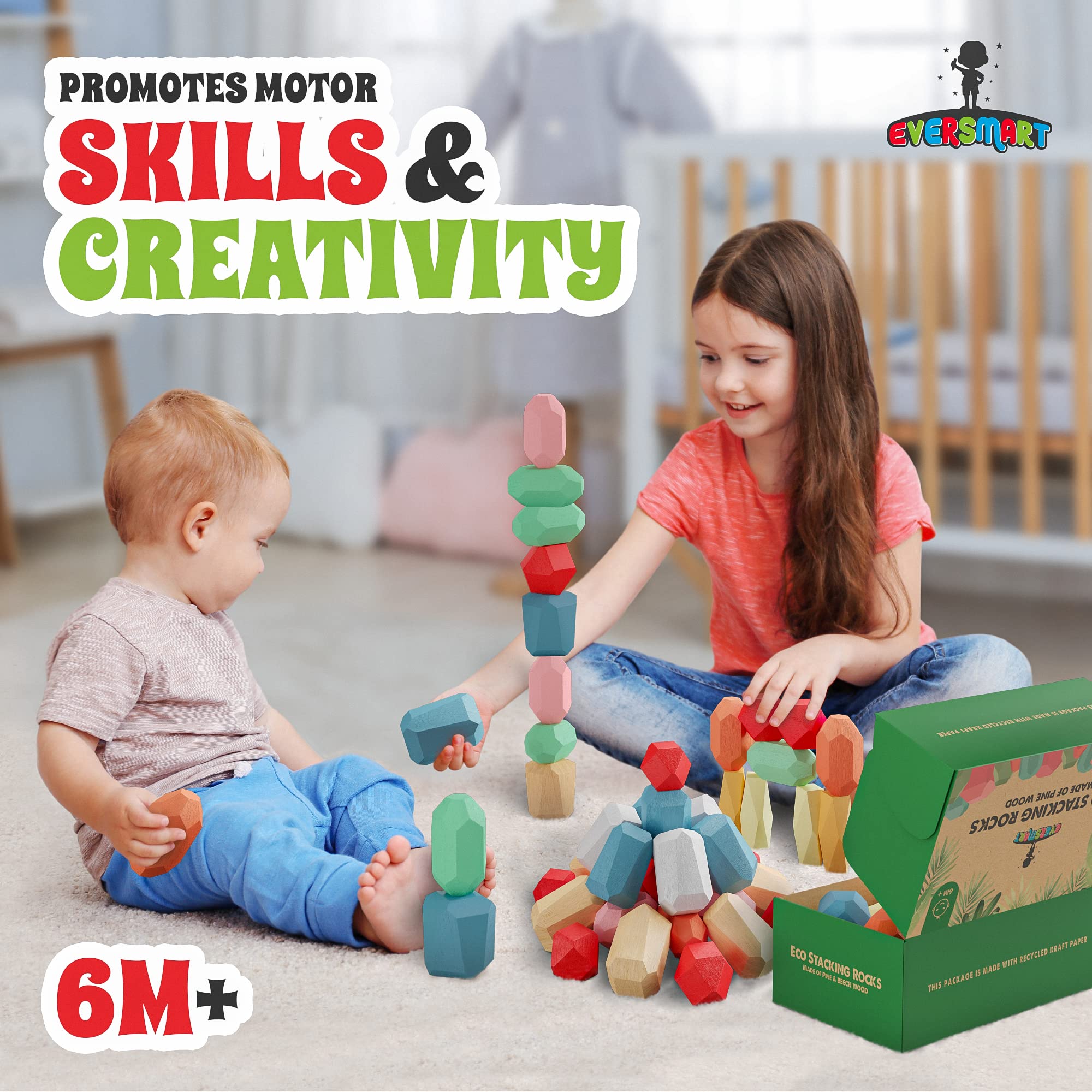 36 bloques apilables de madera – Juguetes Montessori para niños y niños de 1, 2, 3, 4, 5, 6 años, rocas XL, sin peligro de asfixia, piedras de construcción STEM sensoriales, para niñas y 2