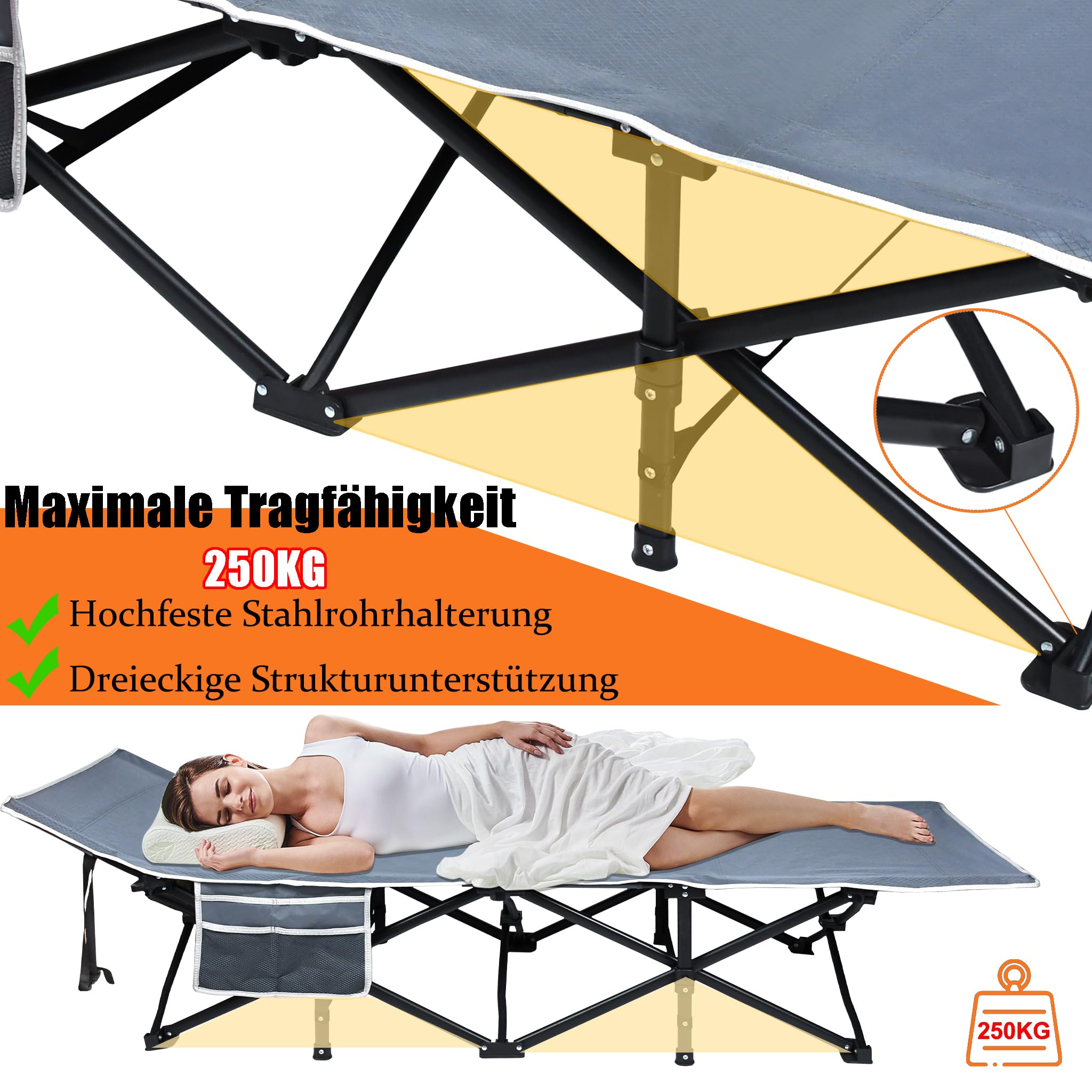ACXIN Łóżko Polowe Stabilne, Składane 188x62cm, 250kg, Torba Przenoszącą, Idealne do Kampingu i Podróży