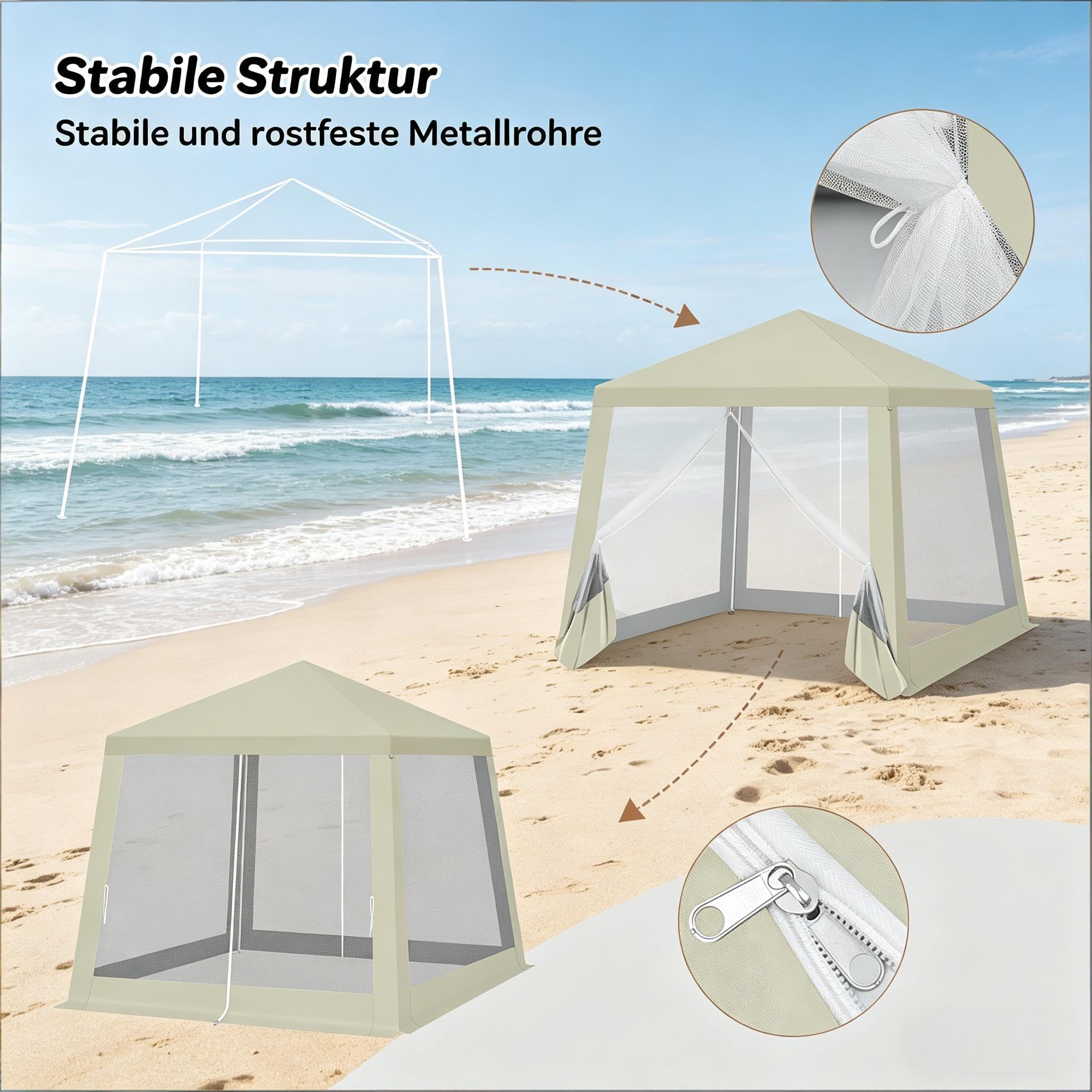 Gazebo pieghevole leggero, 3 x 3 m, beige, impermeabile, resistente ai raggi UV e traspirante, con zanzariera, portatile per giardino, terrazza, campeggio