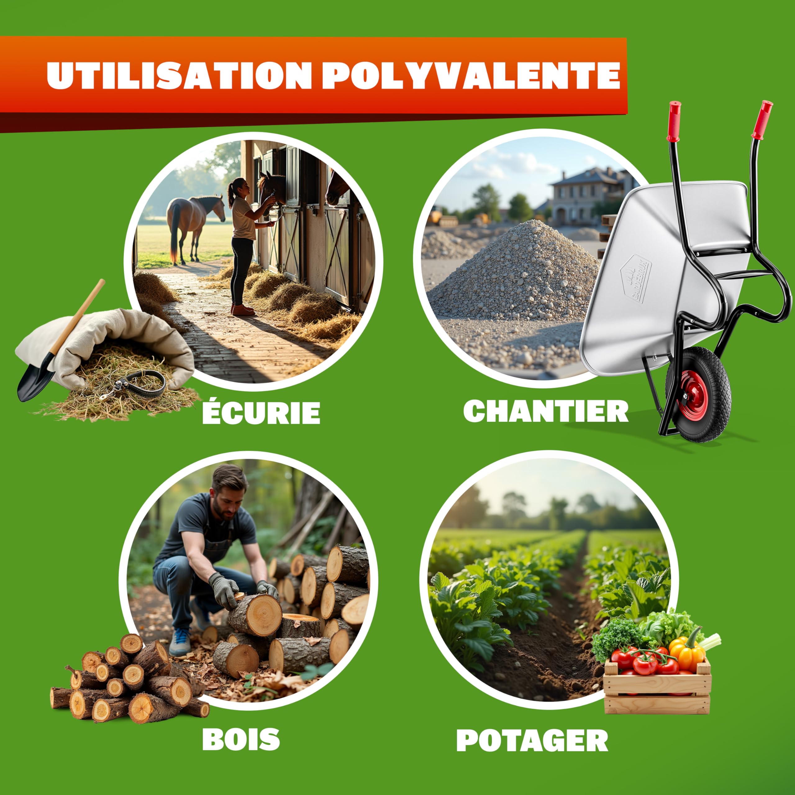 GARDEBRUK® Brouette Galvanisée 100 L pour Jardin avec Cuve Zinguée Acier Stable Roue Pneumatique Tout Terrain Type Chariot Jardinage Charge Max 250 Kg