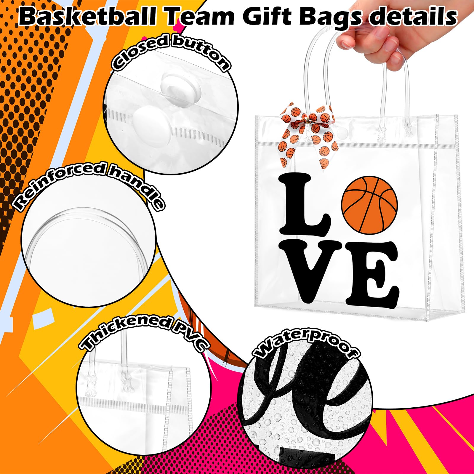 Vicenpal 12 Sets Clear Basketball Gift Bag with Handles 12 Pcs Bows PVC Plastic Basketball Treat Goodie Snack Bags 7.9 x 7.9 x 3.1'' Sport Theme Party Favors for Birthday Holiday Sports Team Gifts