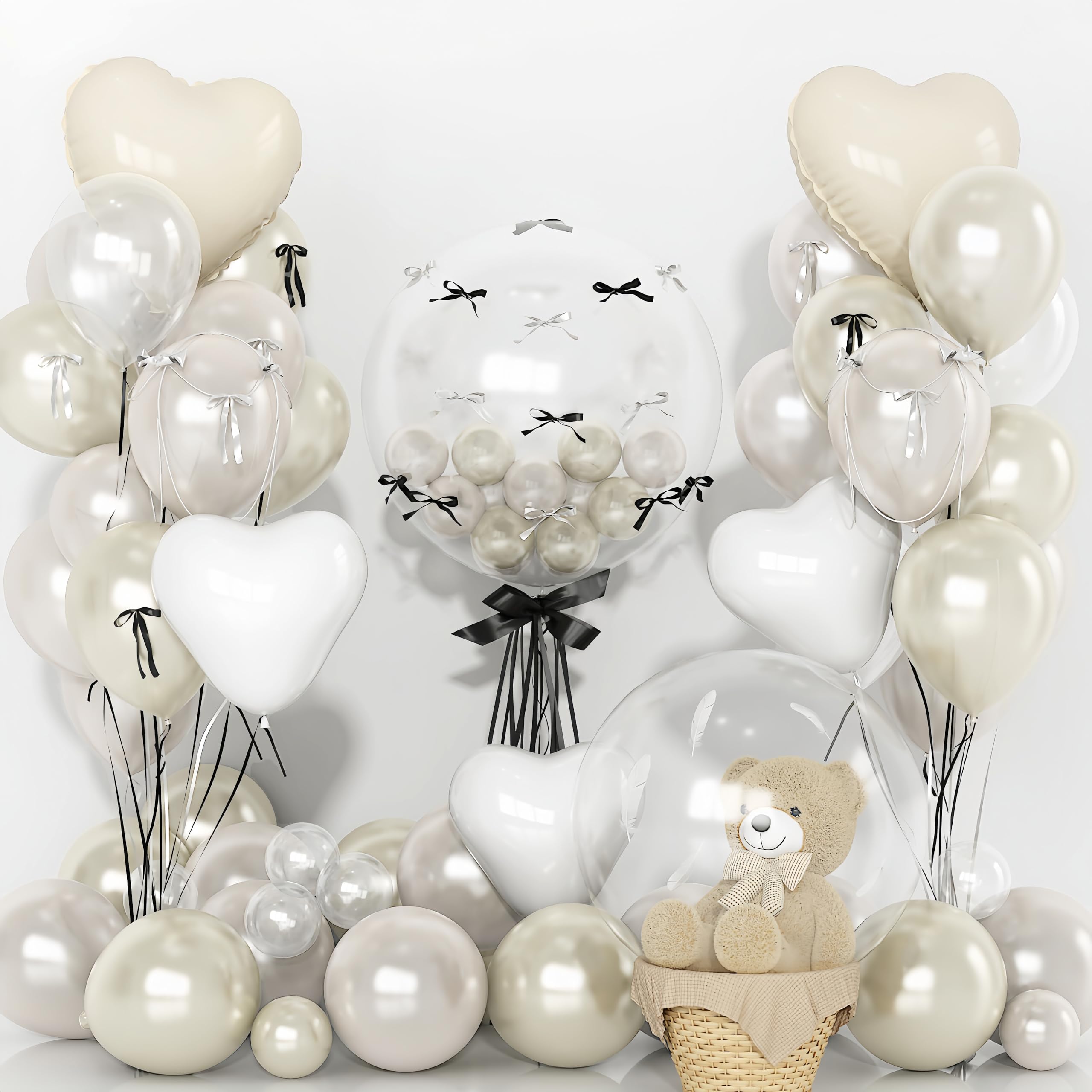 Pearl Balloons Bobo Heart Balloons, 22 18 12 In Pearl White Sand Cream Clear Balloon Bubbles Birthday Decorations for Bride Women, Pearlescent Ivory