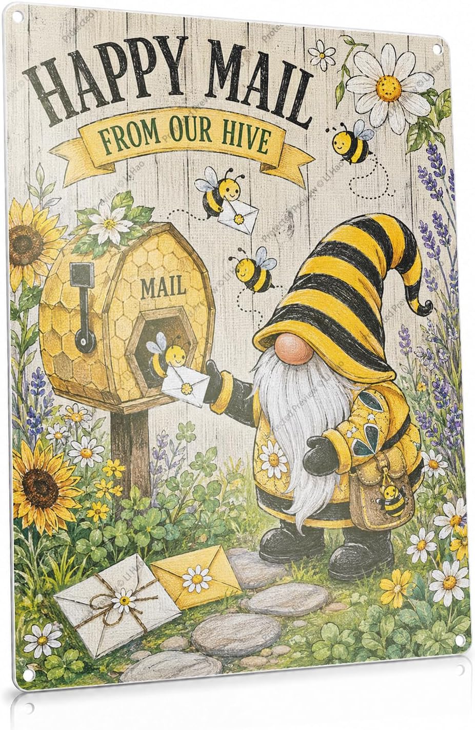 Happy Mail from Our Hive Bee Gnome Honeycomb Mailbox Tin Sign 12x16Inch