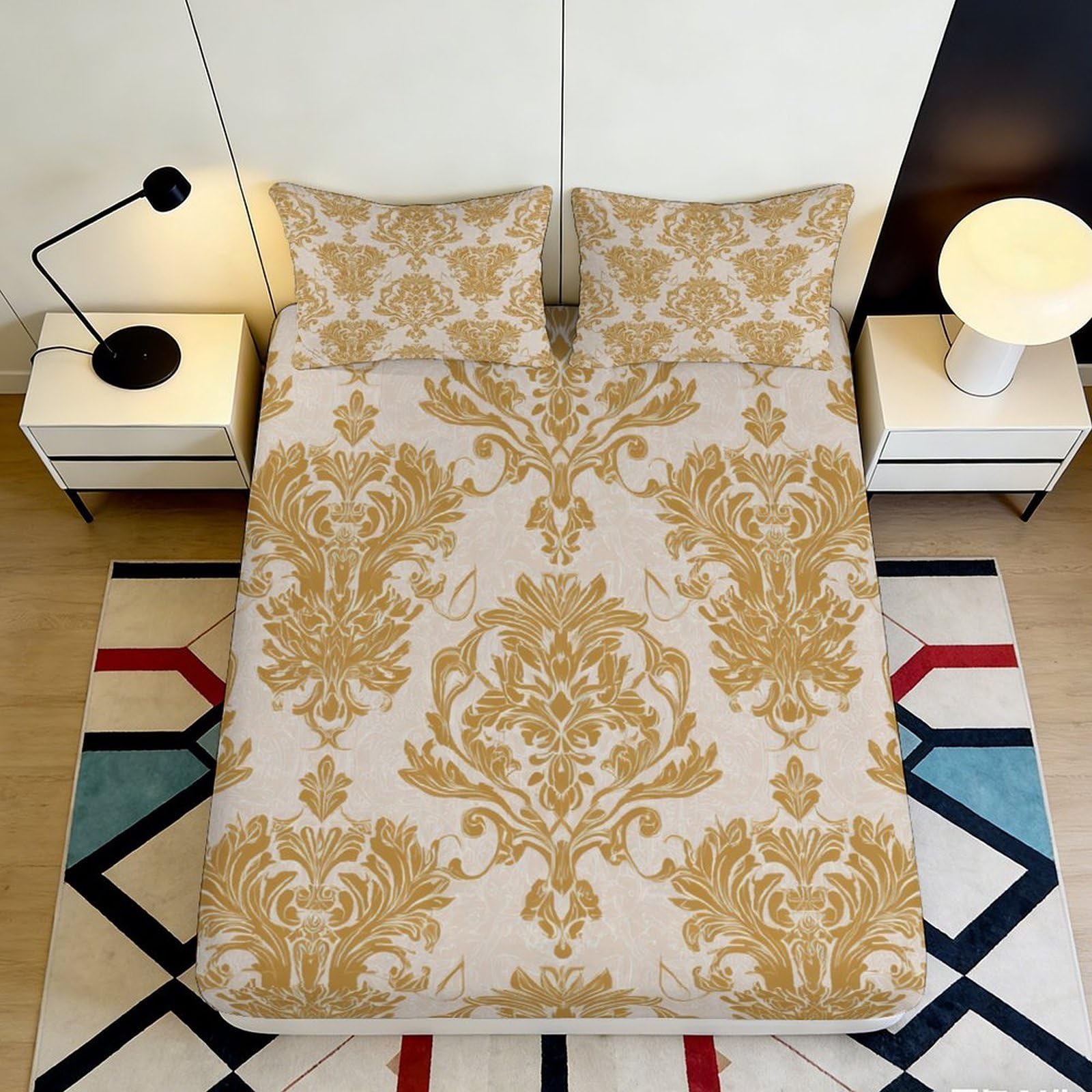3D Printed Baroque Damask Fitted Sheet Microfiber Soft Gold Ornate Mattress Cover for Bedroom Guest Room Decor 90x200x25cm