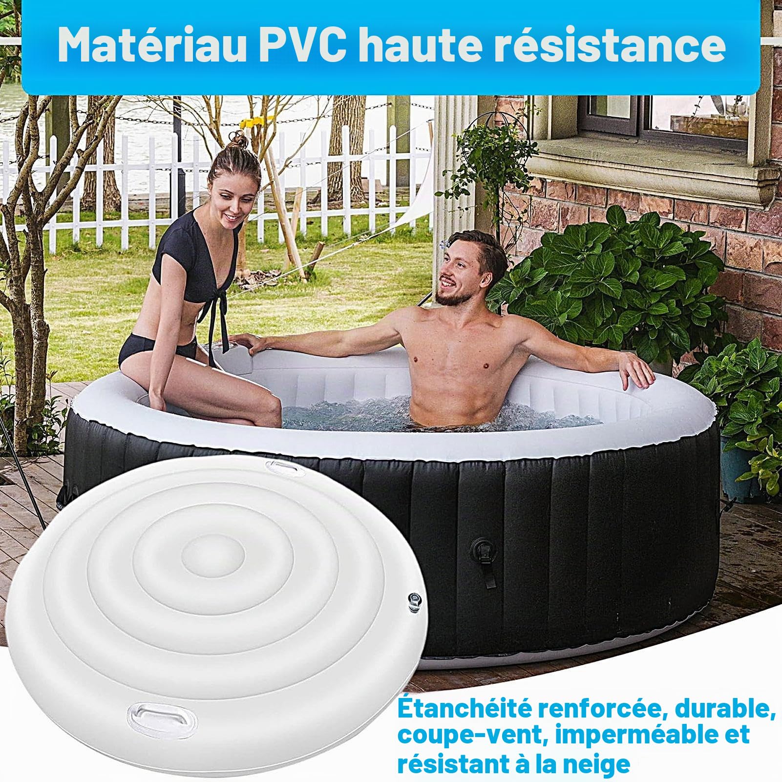 Couvertures De Spa pour Spa, Couvercle De Spa Gonflable Rond De 160 Cm, Couverture De Bain Isolée Ronde avec Poignée, Résistant À La Pluie, À La Neige