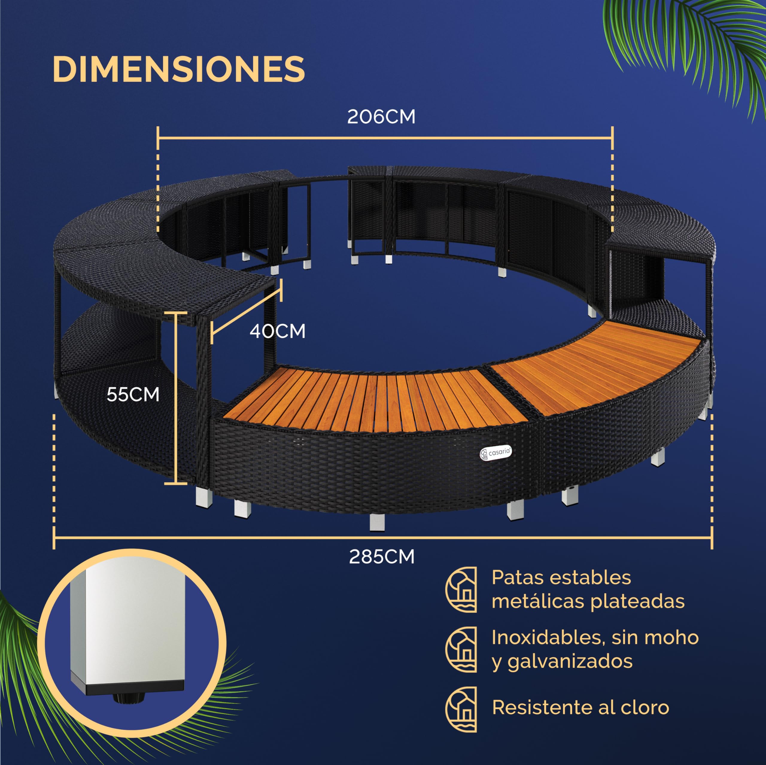 CASARIA Borde de Bañera Hidromasaje Soporte Piscina SPA Ø206cm Poliratán Madera FSC® Acero Exteriores